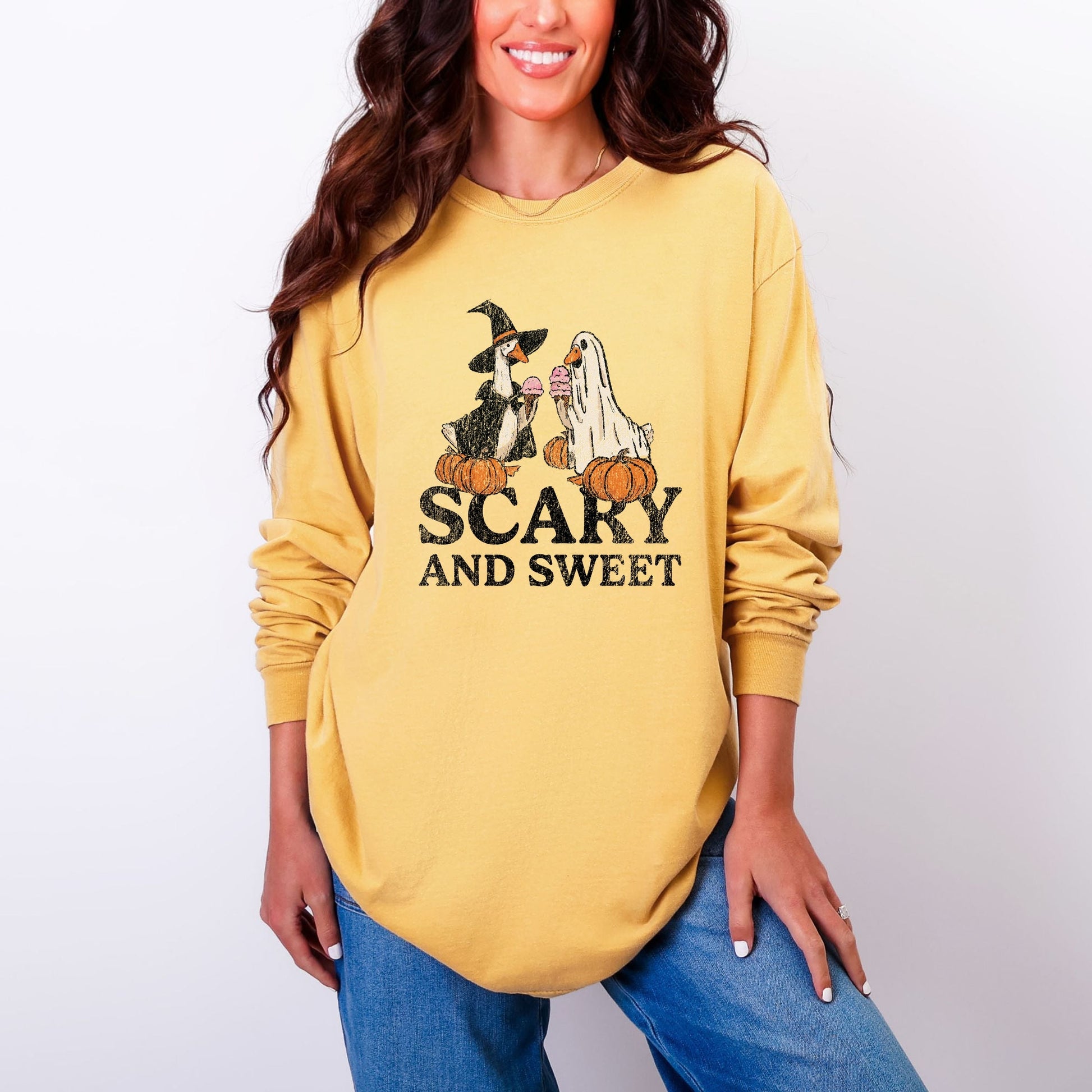 Scary and Sweet Geese - Women's Garment Dyed Long Sleeve Graphic T-Shirt