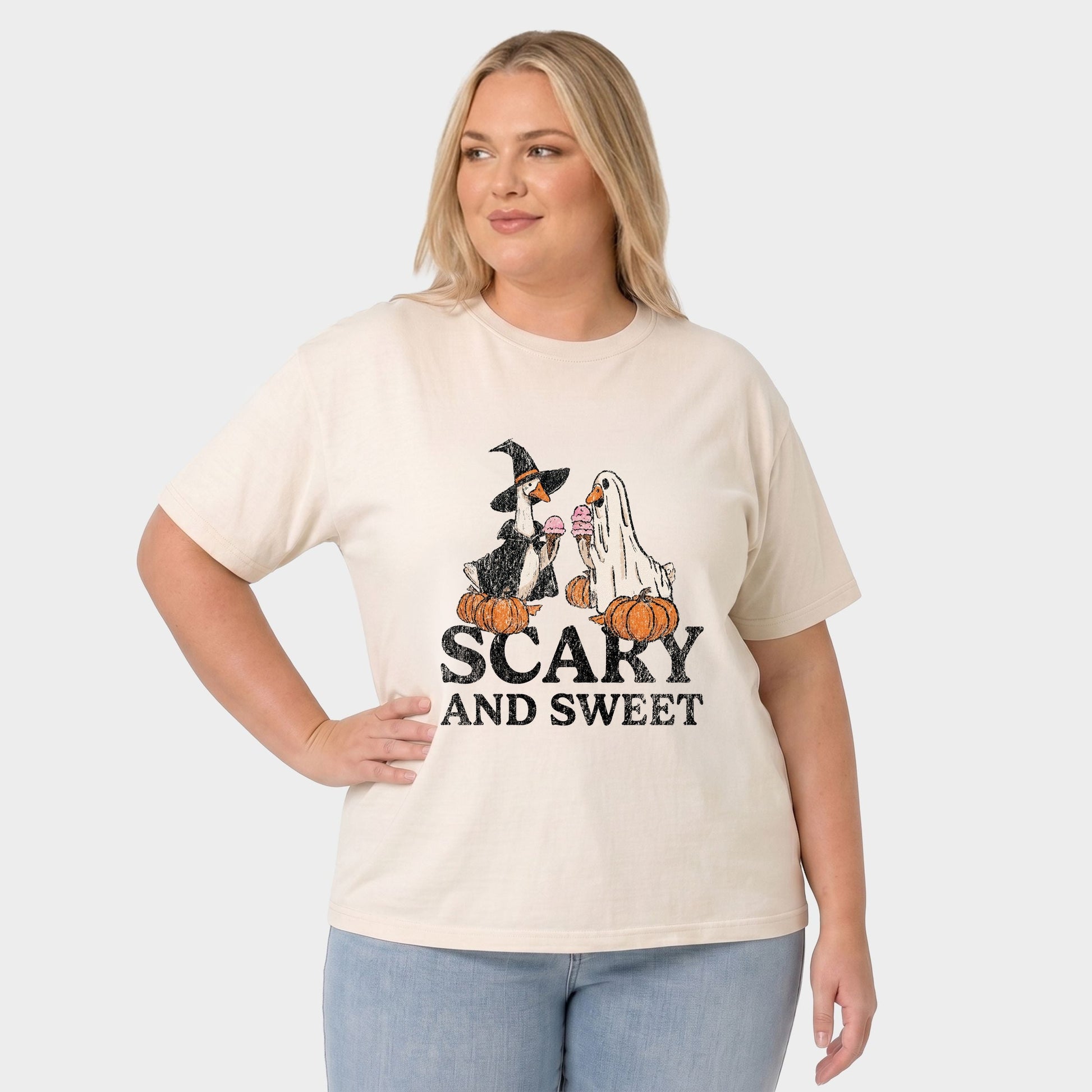 Scary and Sweet Geese - Women's Plus Sized Garment Dyed Graphic T-Shirt