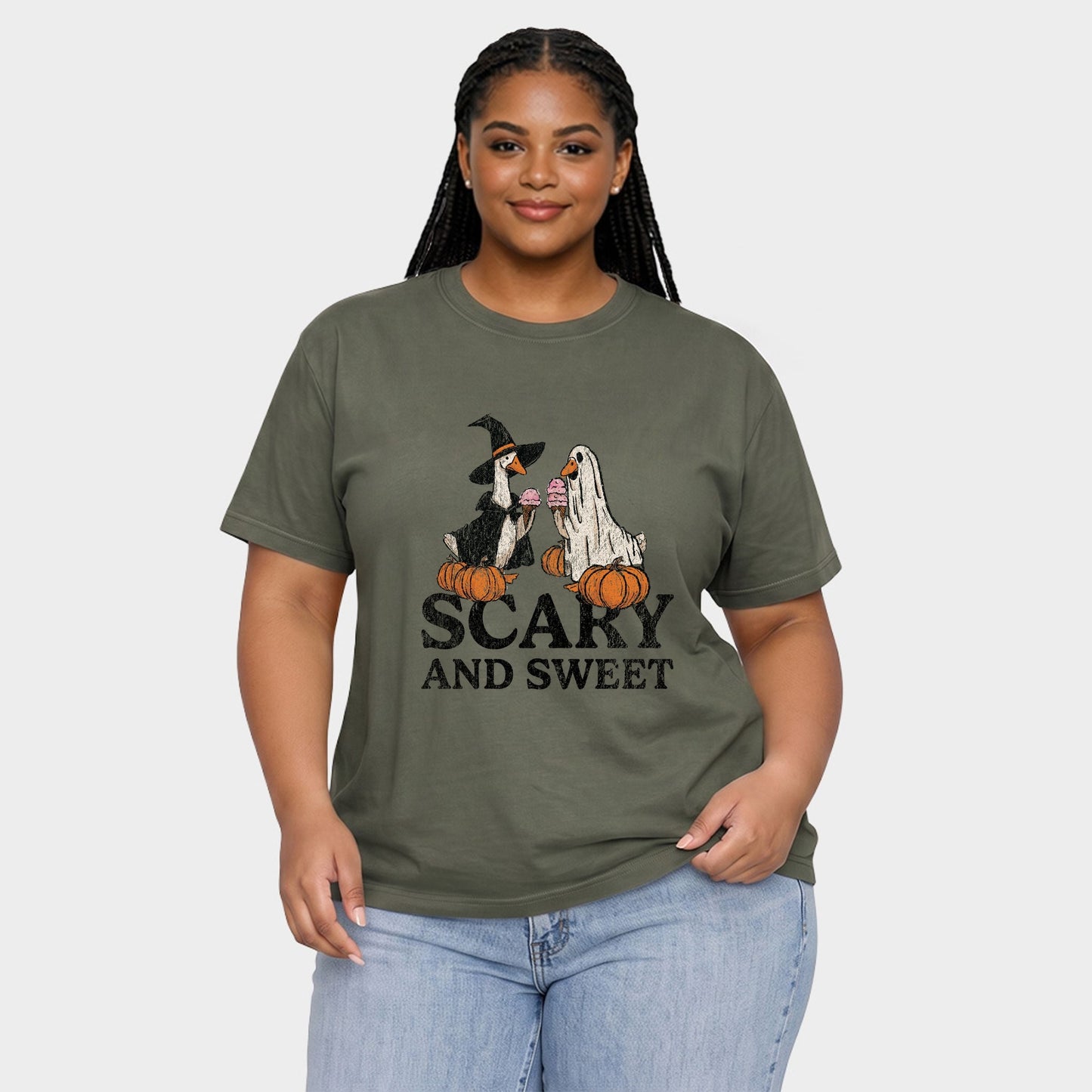 Scary and Sweet Geese - Women's Plus Sized Garment Dyed Graphic T-Shirt