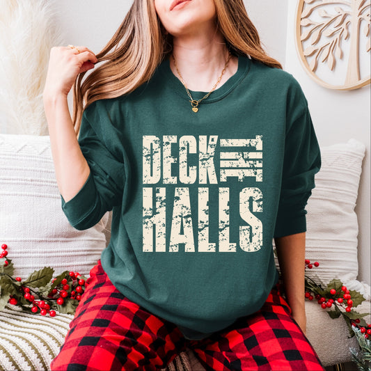 Deck the Halls Block Distressed - Women's Garment Dyed Long Sleeve Graphic T-Shirt