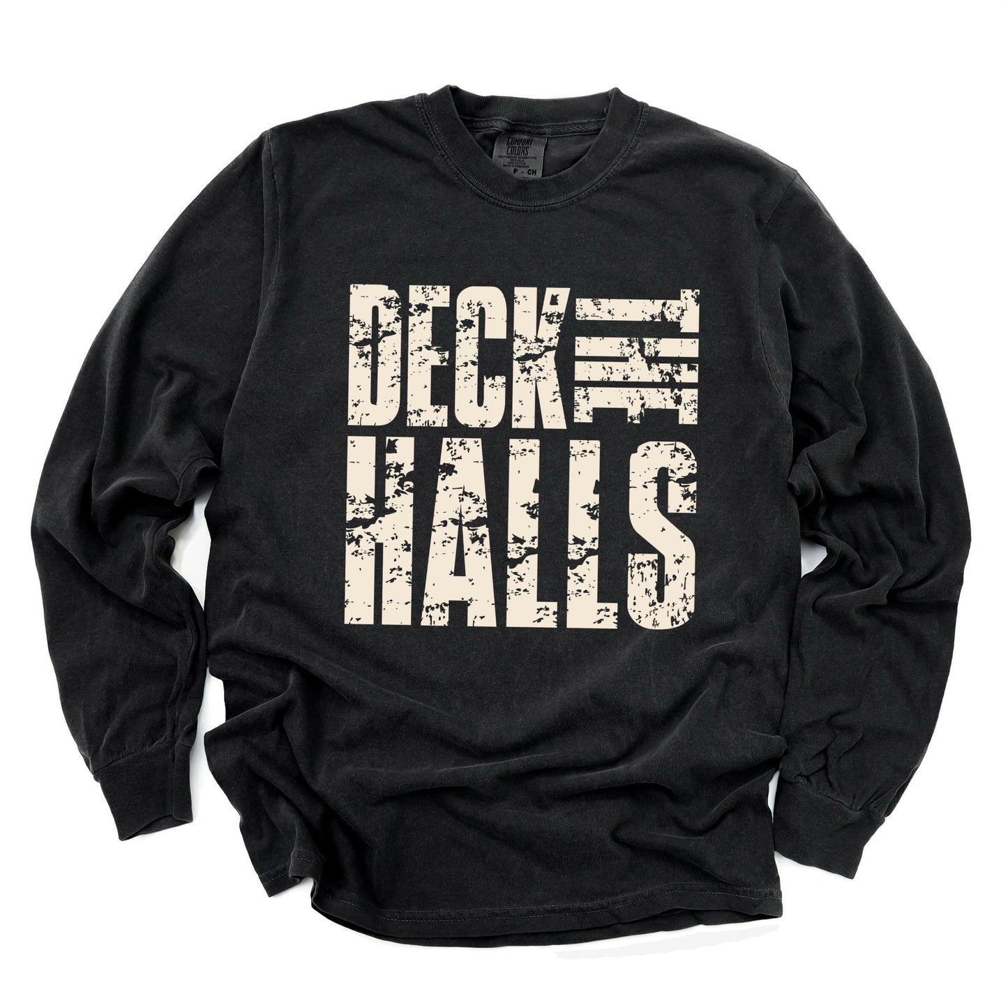 Deck the Halls Block Distressed - Women's Garment Dyed Long Sleeve Graphic T-Shirt