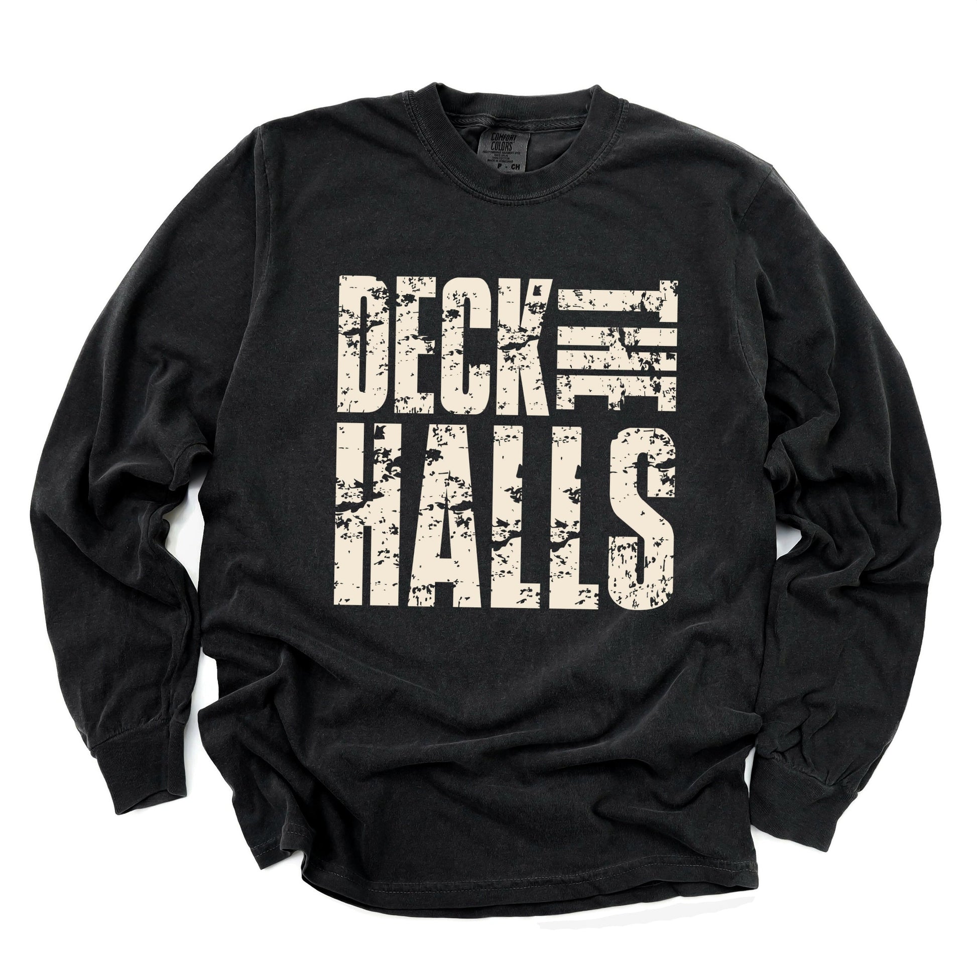 Deck the Halls Block Distressed - Women's Garment Dyed Long Sleeve Graphic T-Shirt