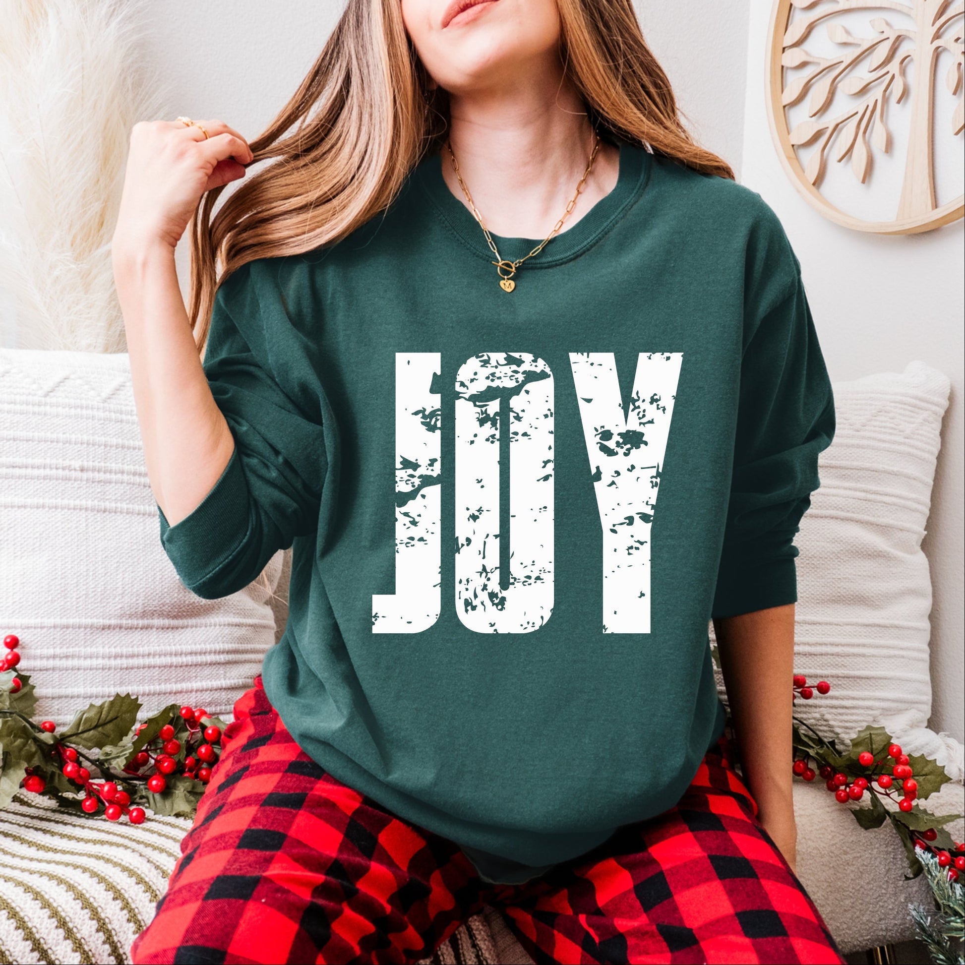 Joy Block Distressed - Women's Garment Dyed Long Sleeve Graphic T-Shirt