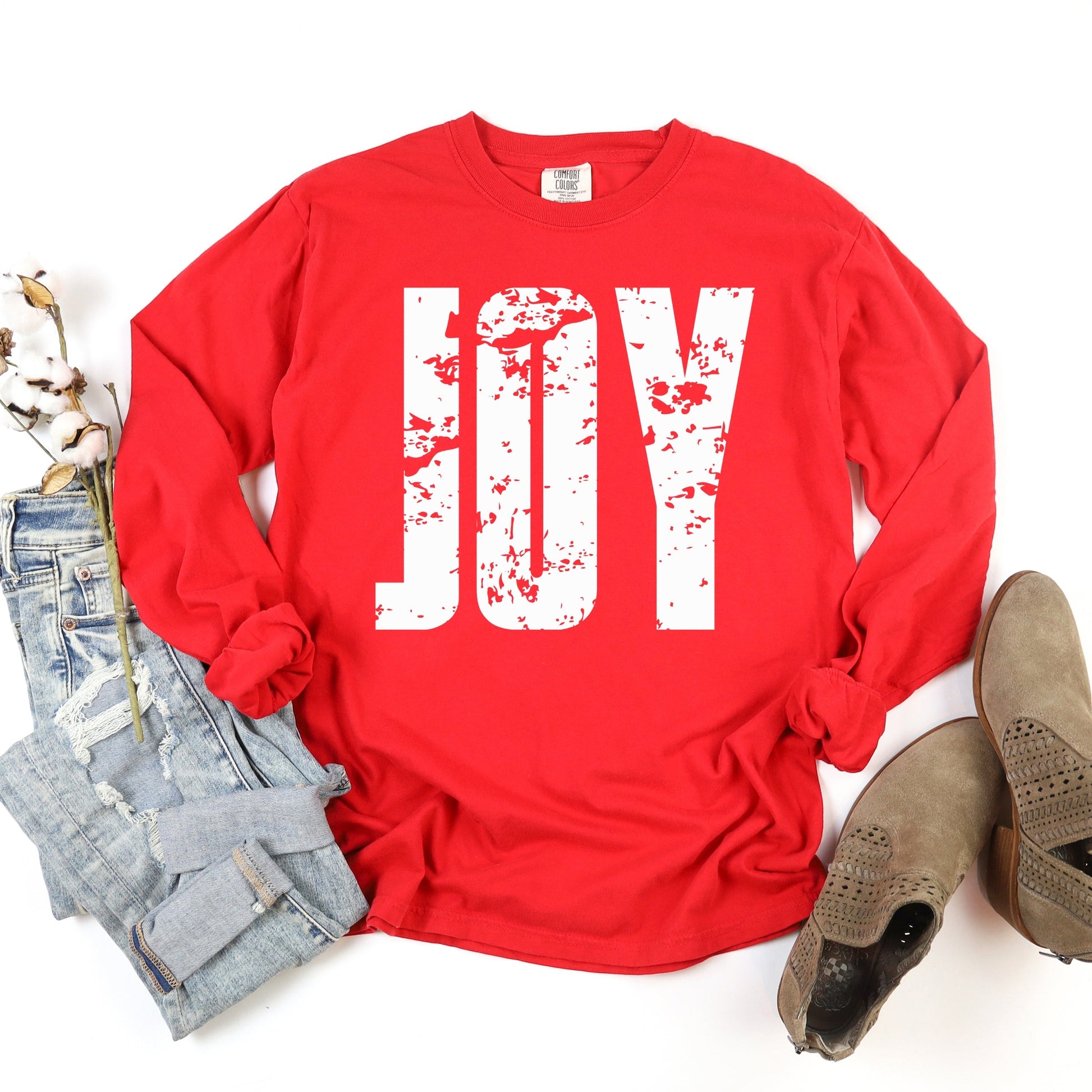 Joy Block Distressed - Women's Garment Dyed Long Sleeve Graphic T-Shirt