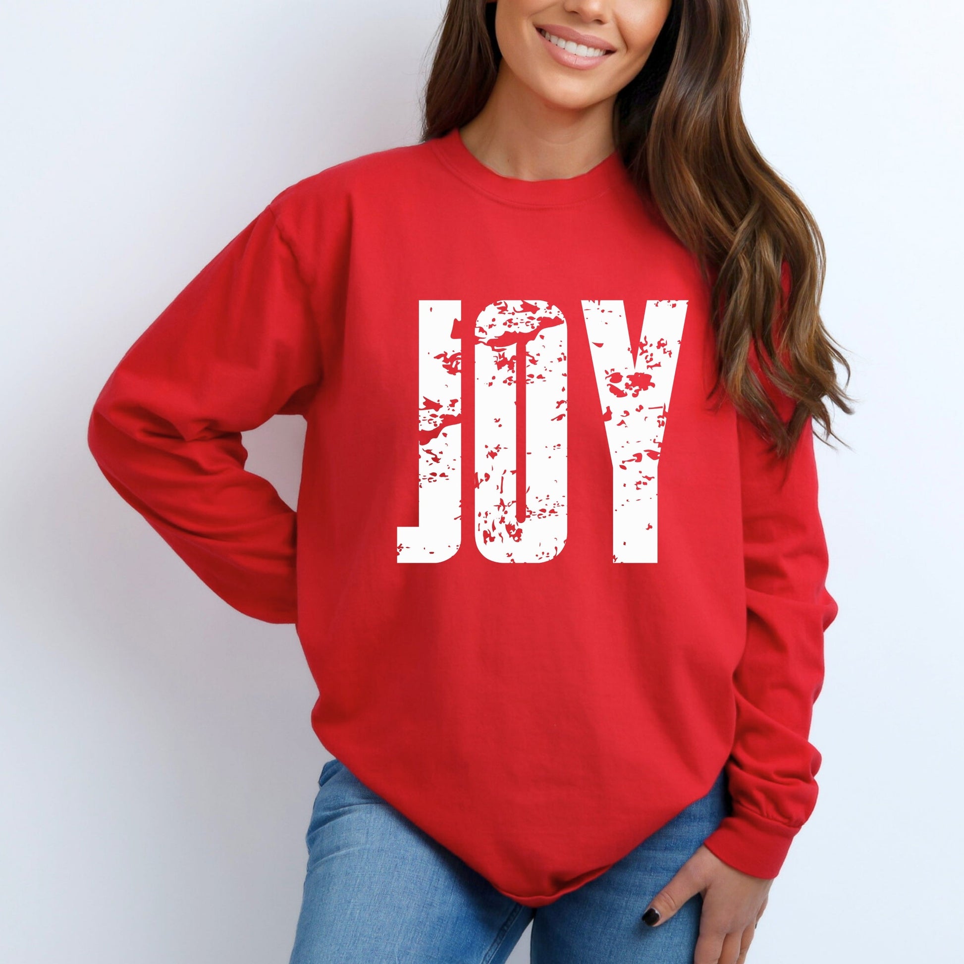 Joy Block Distressed - Women's Garment Dyed Long Sleeve Graphic T-Shirt