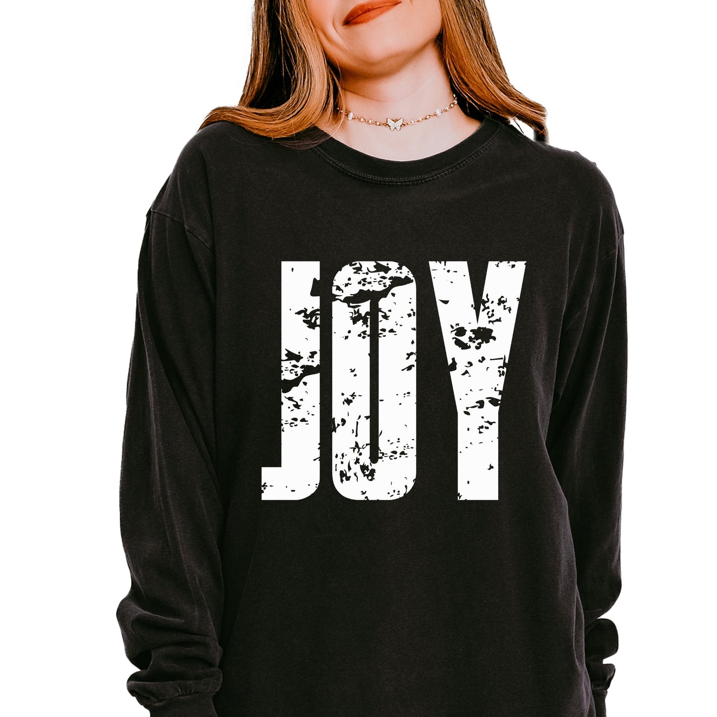 Joy Block Distressed - Women's Garment Dyed Long Sleeve Graphic T-Shirt