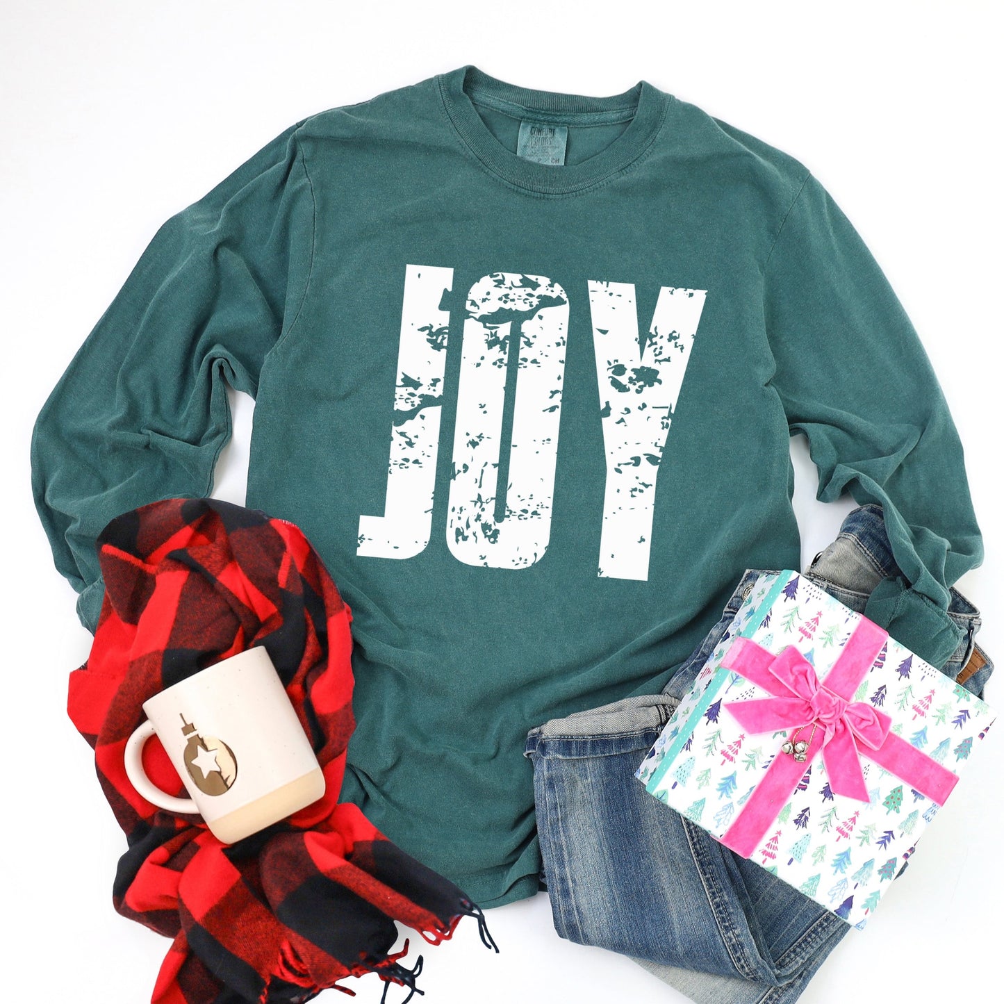 Joy Block Distressed - Women's Garment Dyed Long Sleeve Graphic T-Shirt