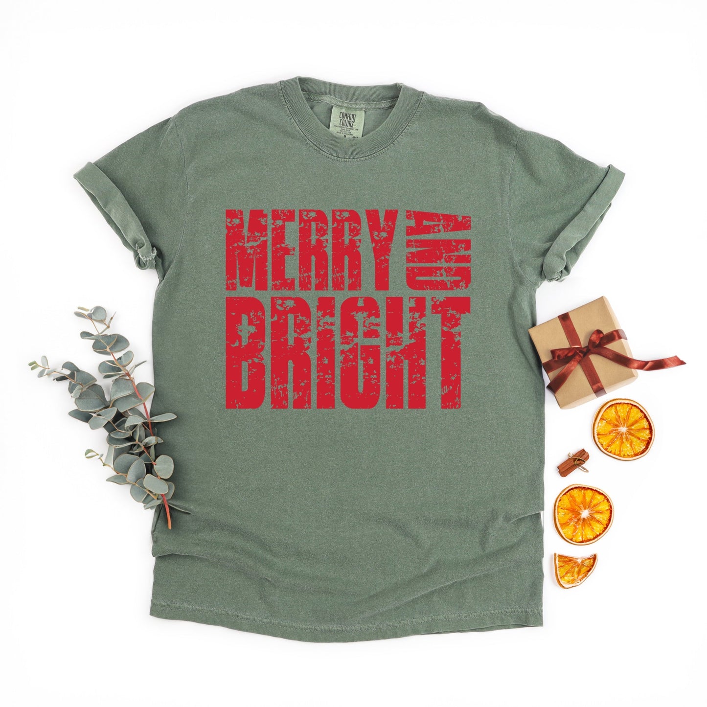 Merry and Bright Block Distressed - Women's Garment Dyed Graphic T-Shirt