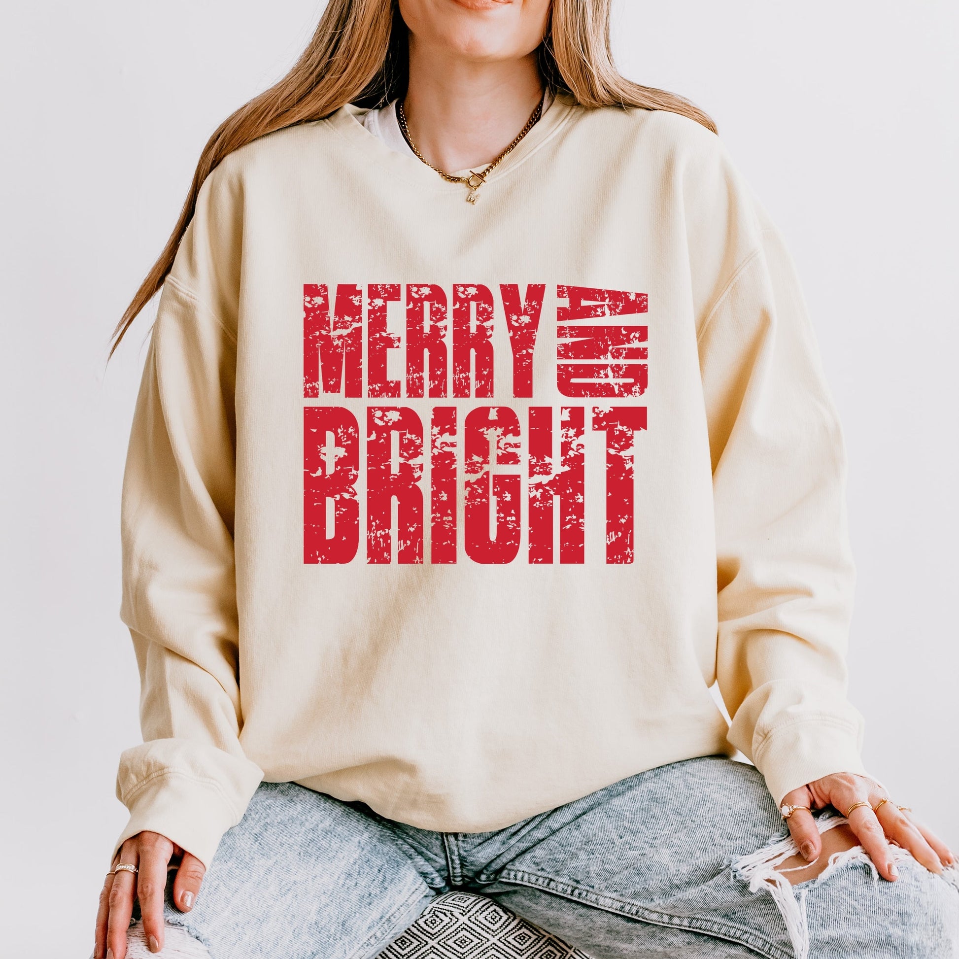 Merry and Bright Block Distressed - Women's Lightweight Garment Dyed Sweatshirt