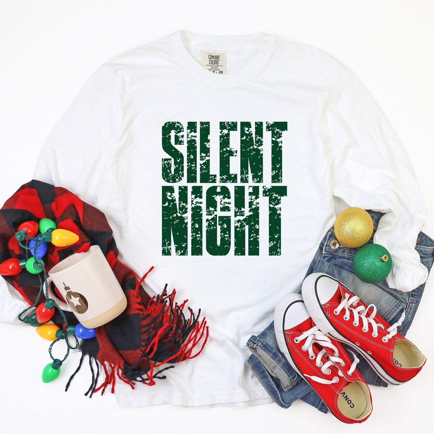 Silent Night Block Distressed - Women's Garment Dyed Long Sleeve Graphic T-Shirt