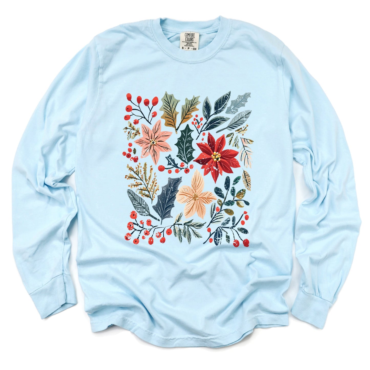 Christmas Flowers and Berries Distressed - Women's Garment Dyed Long Sleeve Graphic T-Shirt