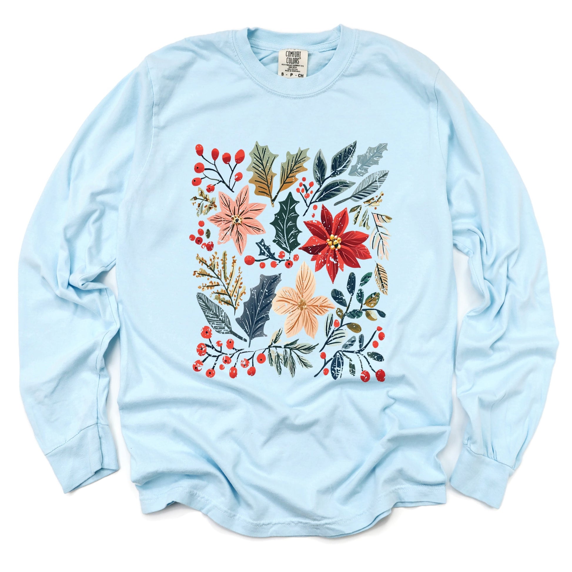 Christmas Flowers and Berries Distressed - Women's Garment Dyed Long Sleeve Graphic T-Shirt