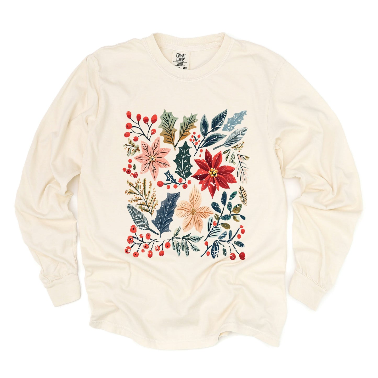 Christmas Flowers and Berries Distressed - Women's Garment Dyed Long Sleeve Graphic T-Shirt