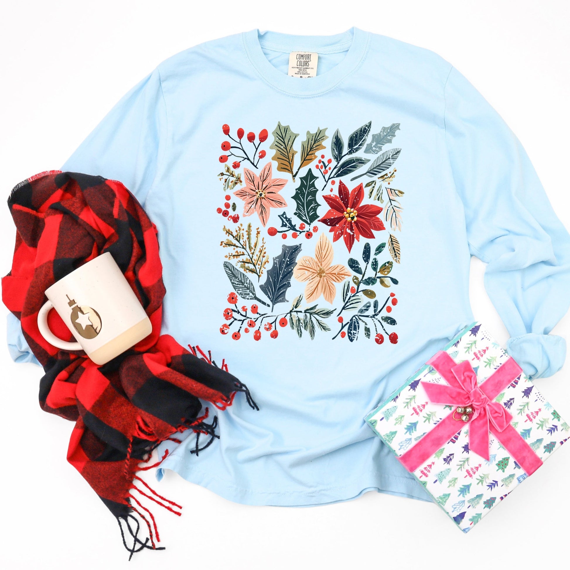 Christmas Flowers and Berries Distressed - Women's Garment Dyed Long Sleeve Graphic T-Shirt