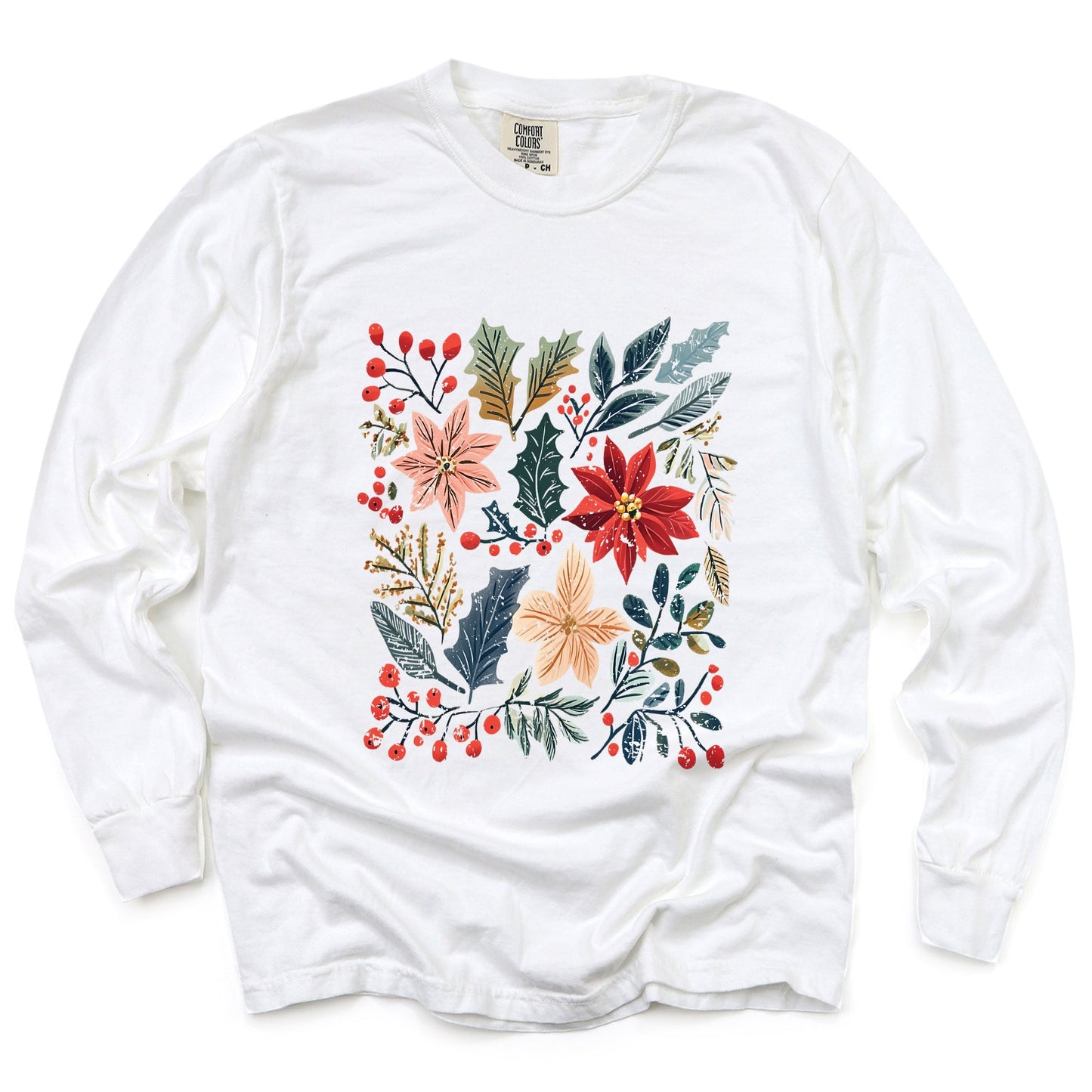 Christmas Flowers and Berries Distressed - Women's Garment Dyed Long Sleeve Graphic T-Shirt