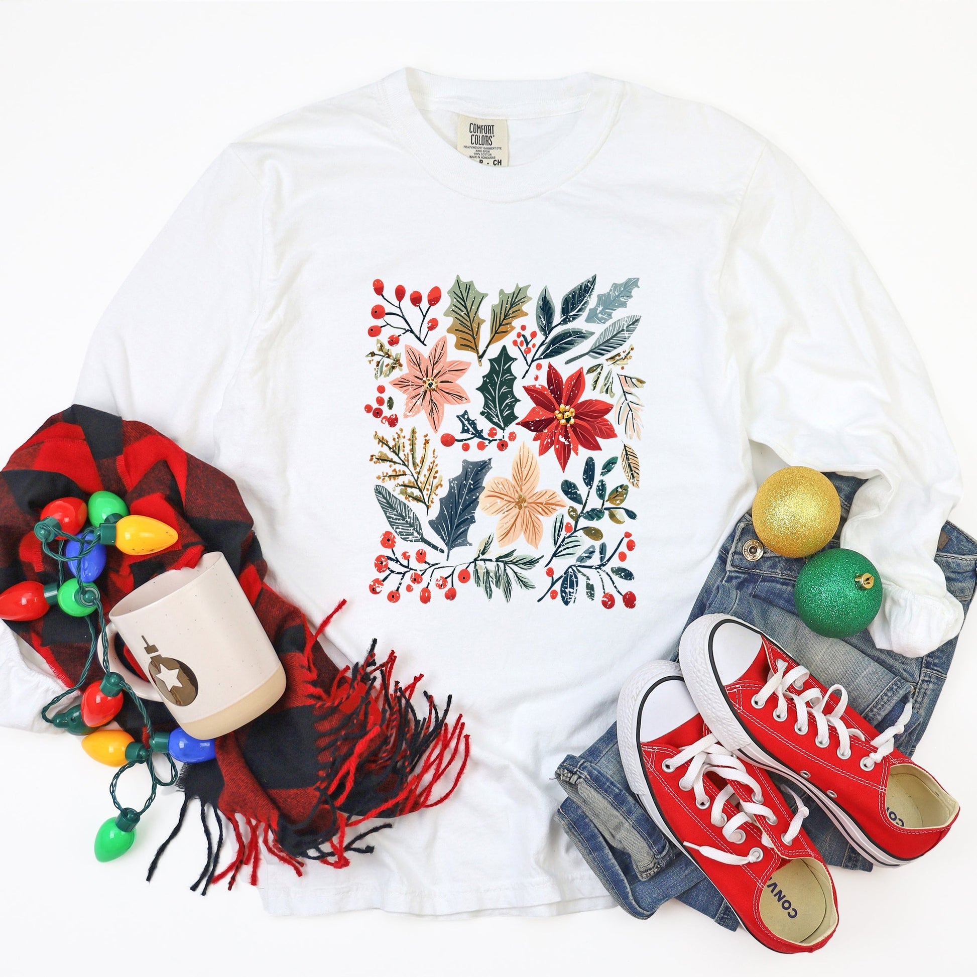 Christmas Flowers and Berries Distressed - Women's Garment Dyed Long Sleeve Graphic T-Shirt