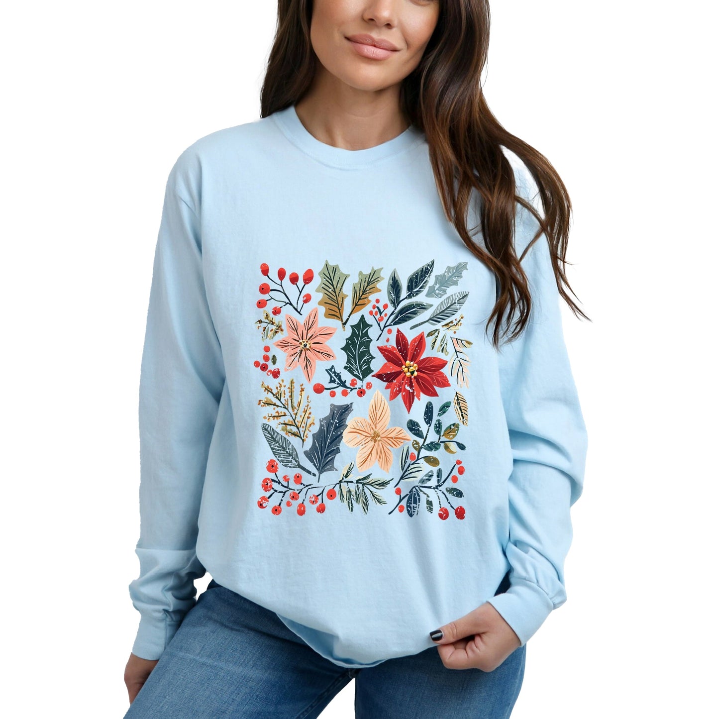 Christmas Flowers and Berries Distressed - Women's Garment Dyed Long Sleeve Graphic T-Shirt