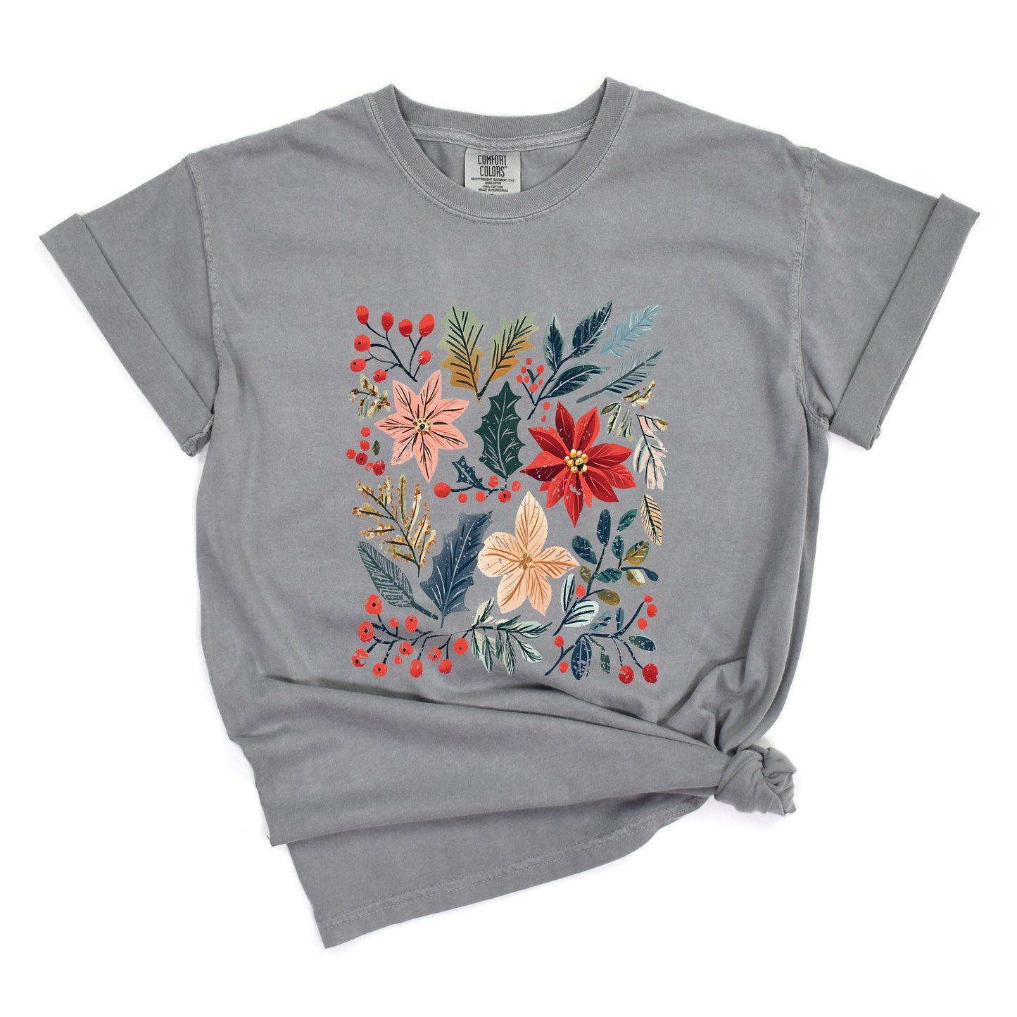 Christmas Flowers and Berries Distressed - Women's Garment Dyed Graphic T-Shirt