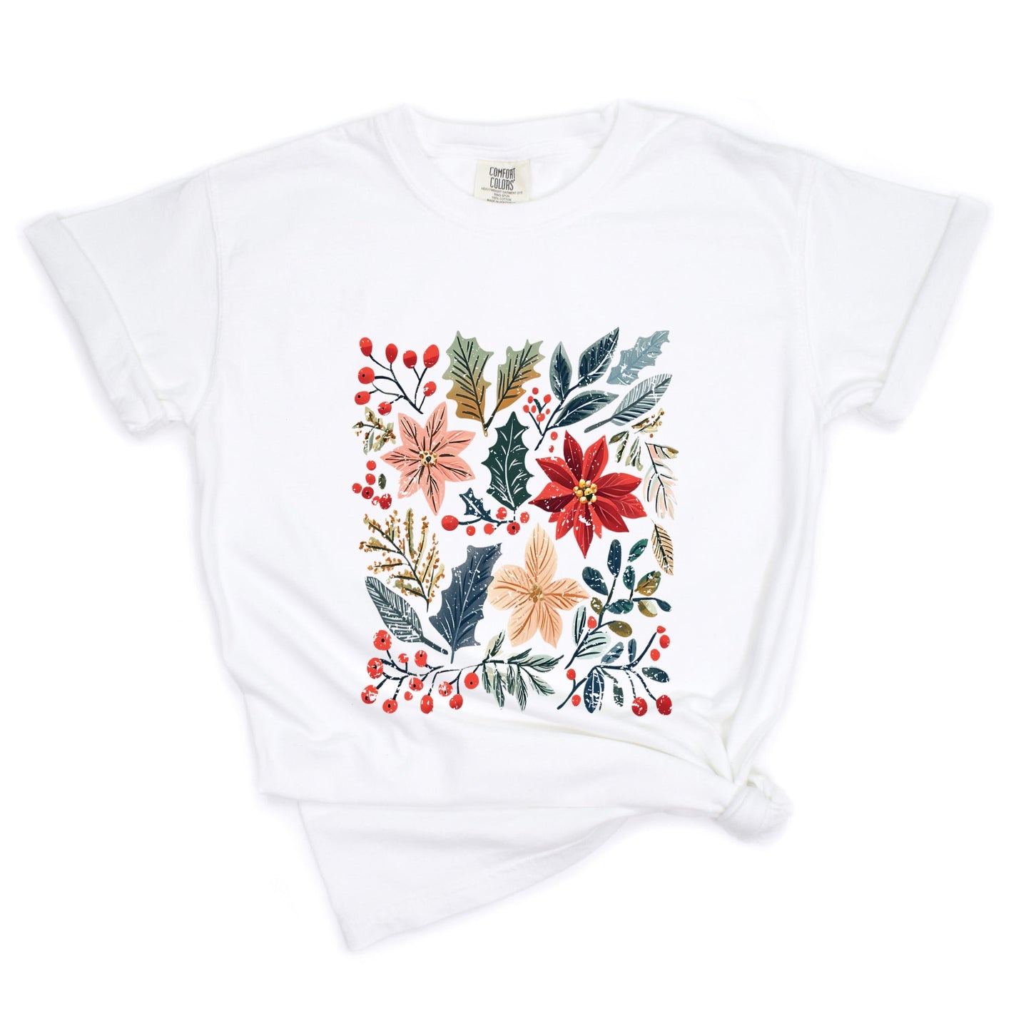 Christmas Flowers and Berries Distressed - Women's Garment Dyed Graphic T-Shirt