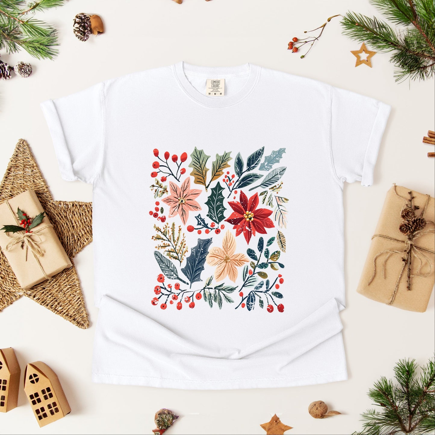 Christmas Flowers and Berries Distressed - Women's Garment Dyed Graphic T-Shirt