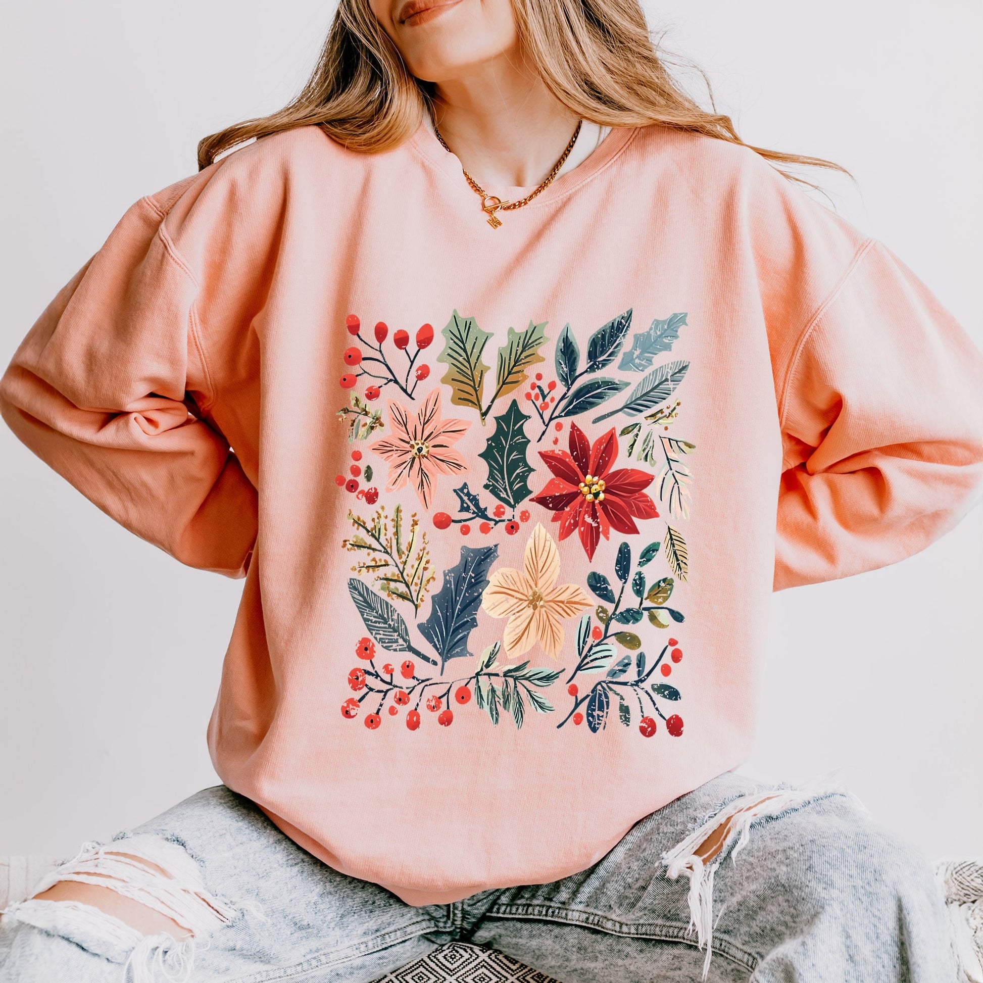 Christmas Flowers and Berries Distressed - Women's Lightweight Garment Dyed Sweatshirt