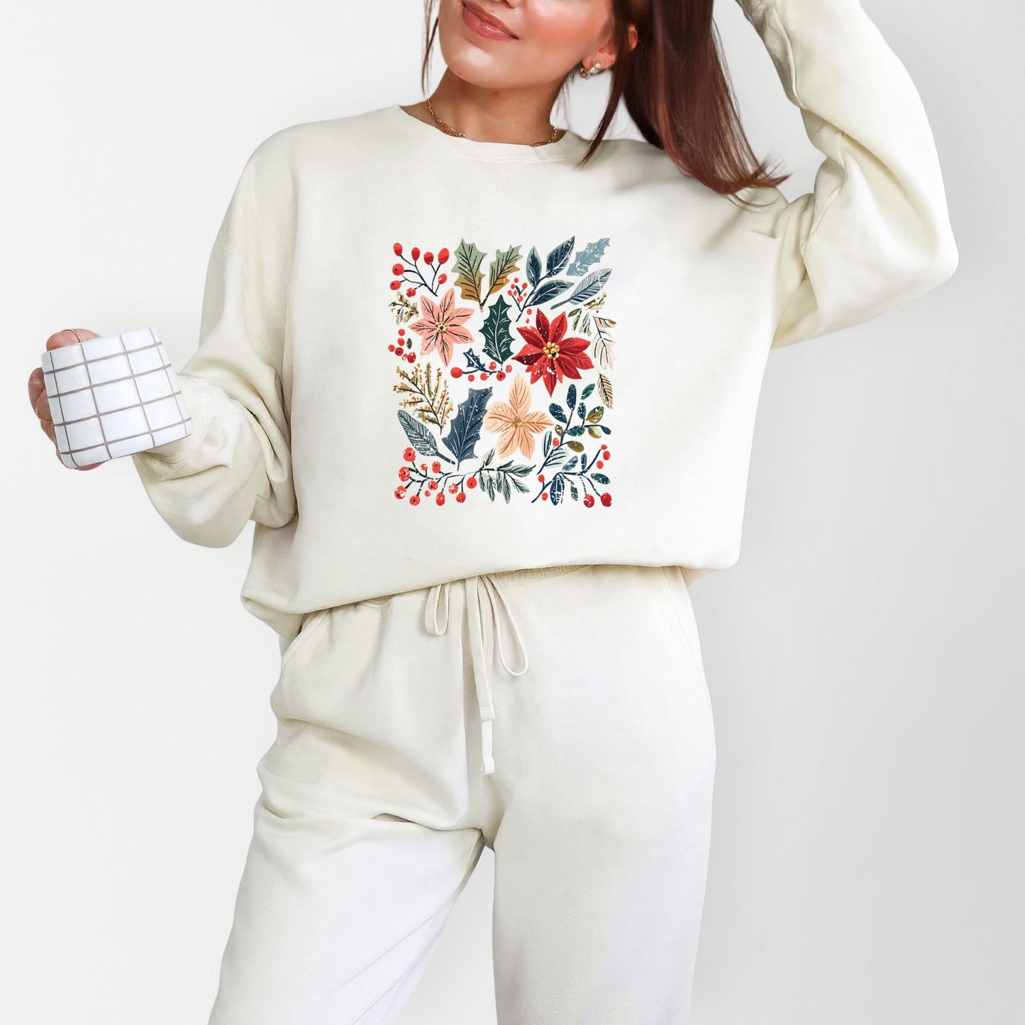 Christmas Flowers and Berries Distressed - Women's Lightweight Garment Dyed Sweatshirt