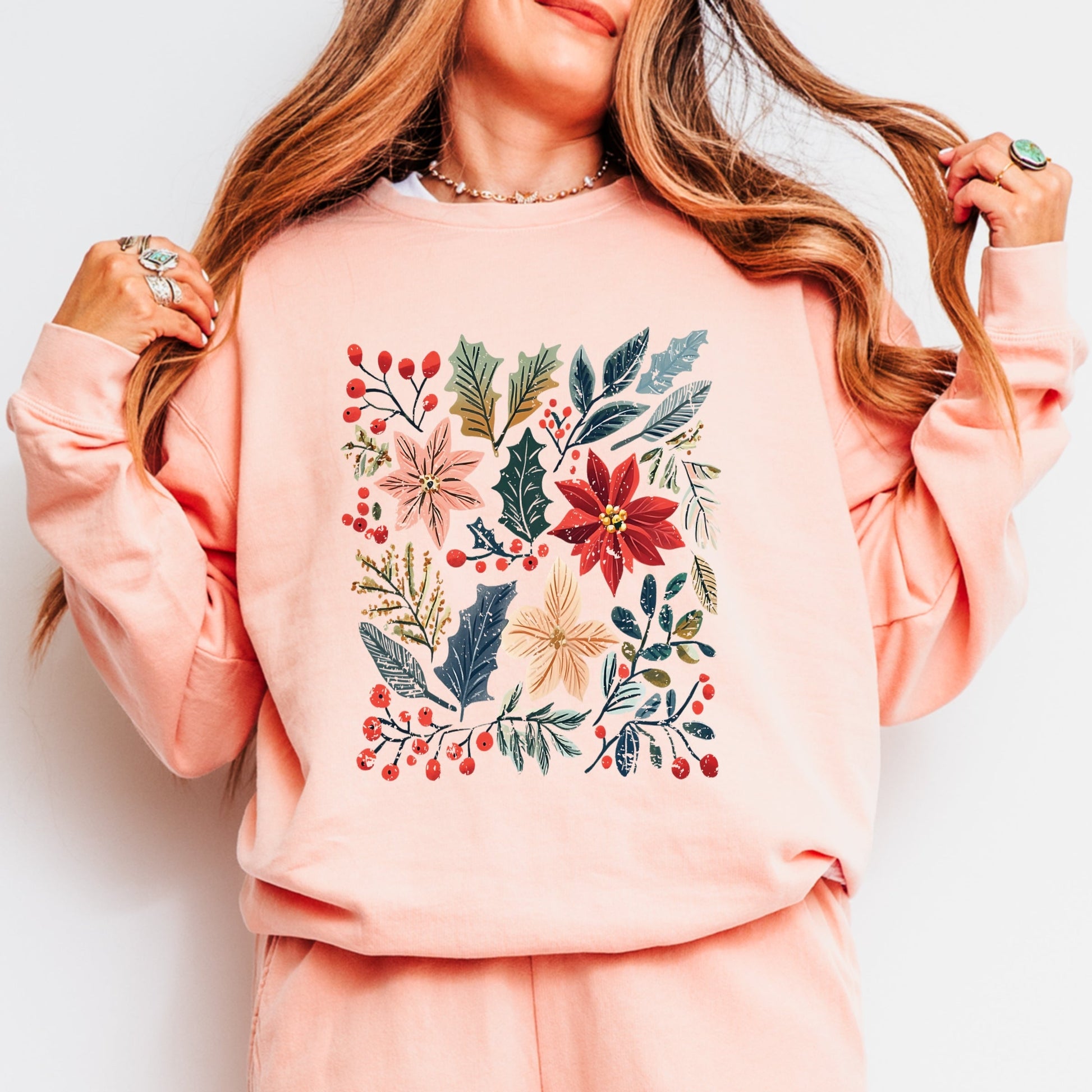 Christmas Flowers and Berries Distressed - Women's Lightweight Garment Dyed Sweatshirt