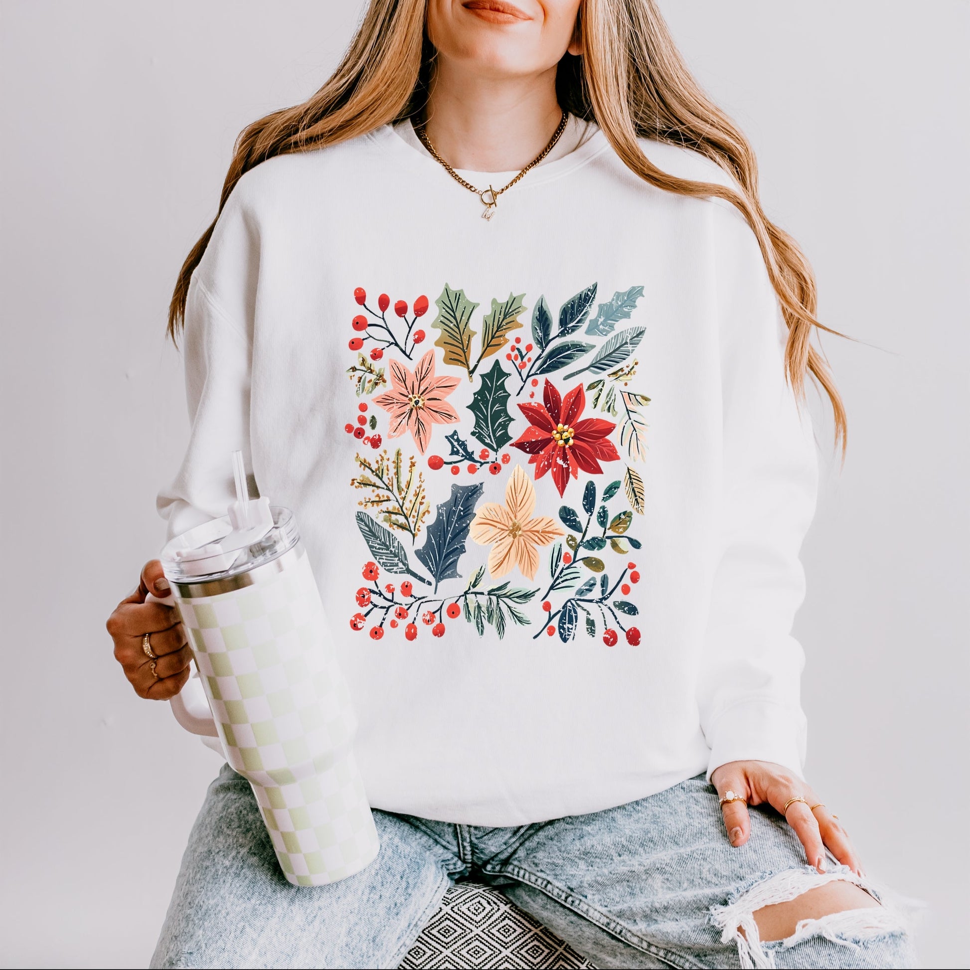 Christmas Flowers and Berries Distressed - Women's Lightweight Garment Dyed Sweatshirt