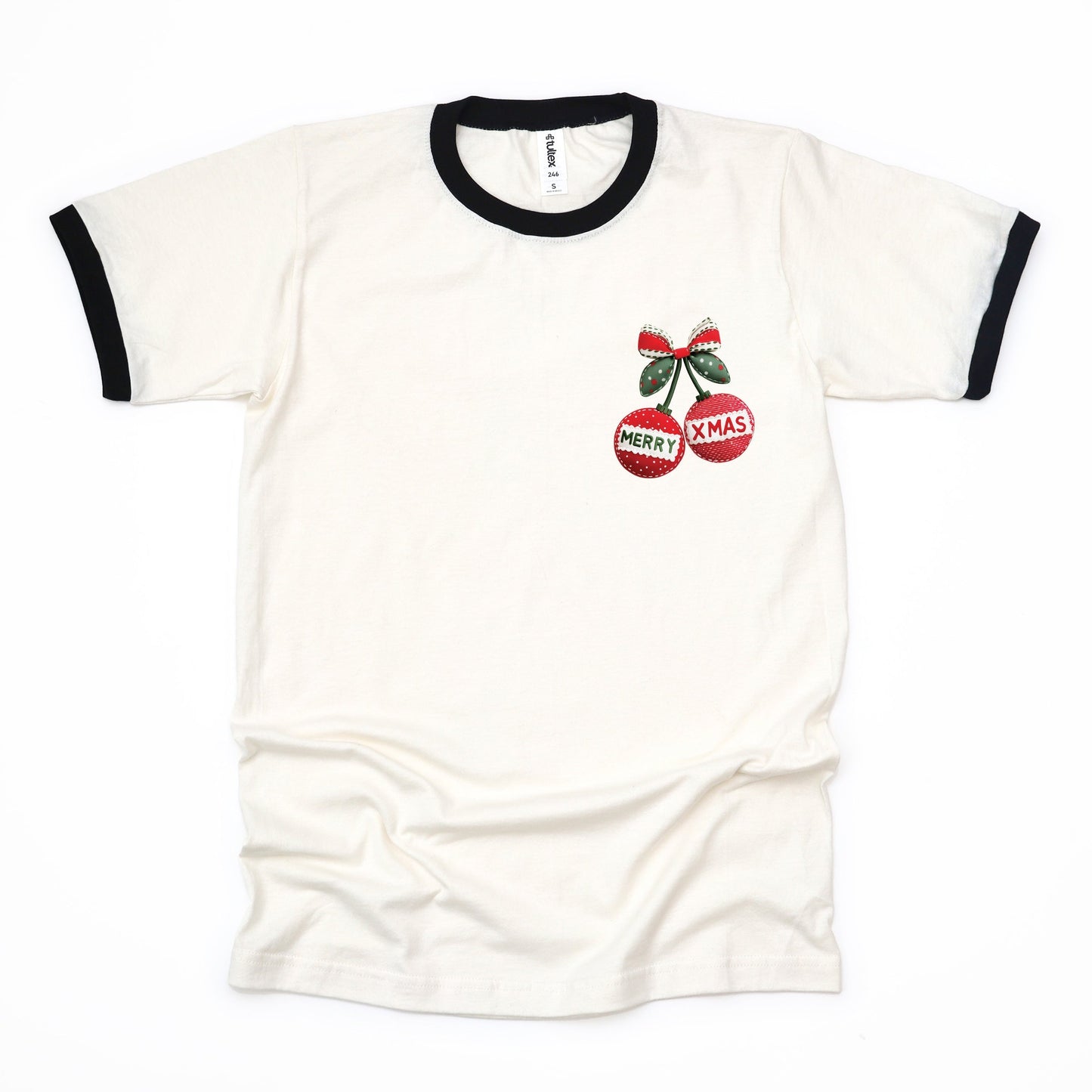 Merry Xmas Ornament Quilted Print - Women's Ringer Graphic T-Shirt