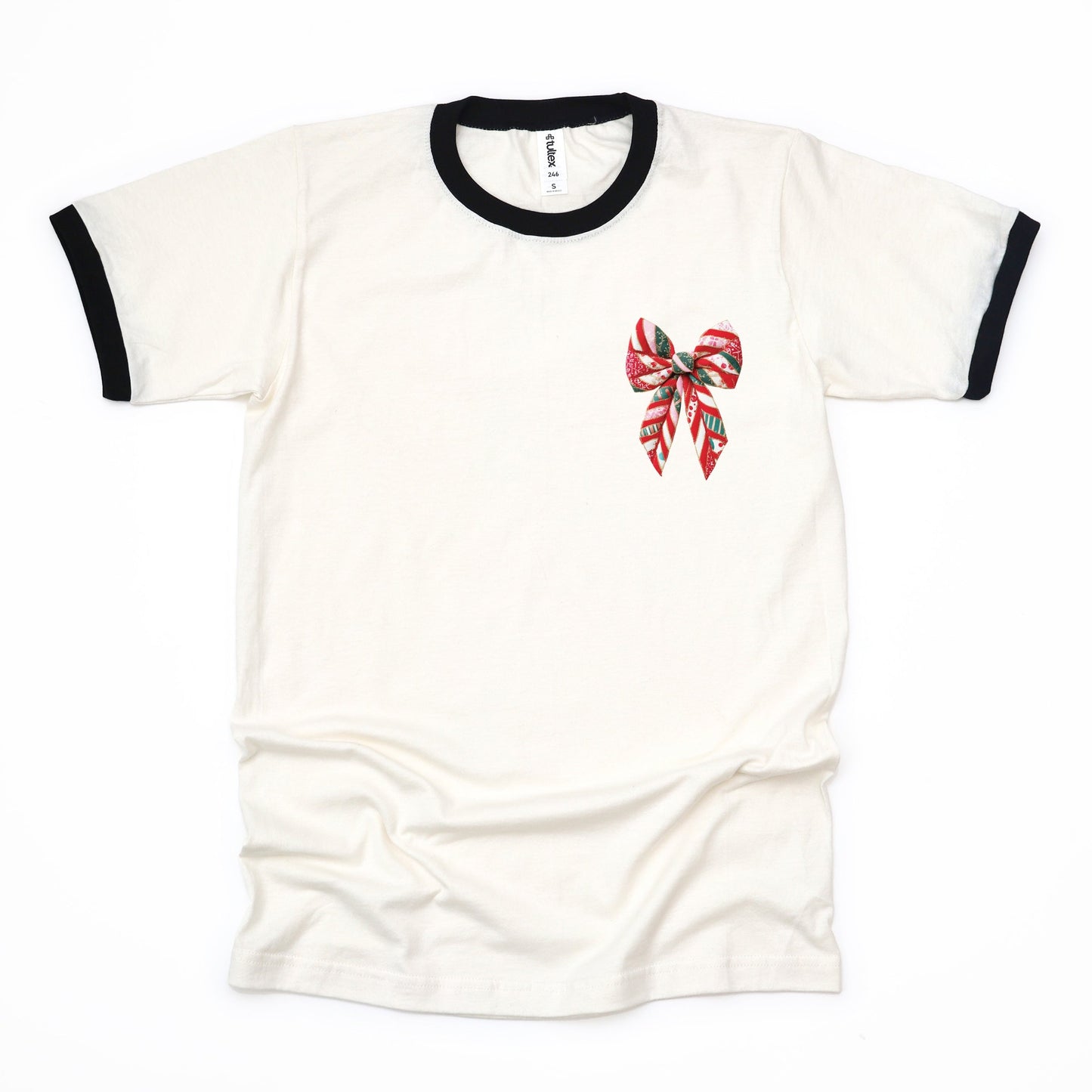 Christmas Bow Quilted Print - Women's Ringer Graphic T-Shirt
