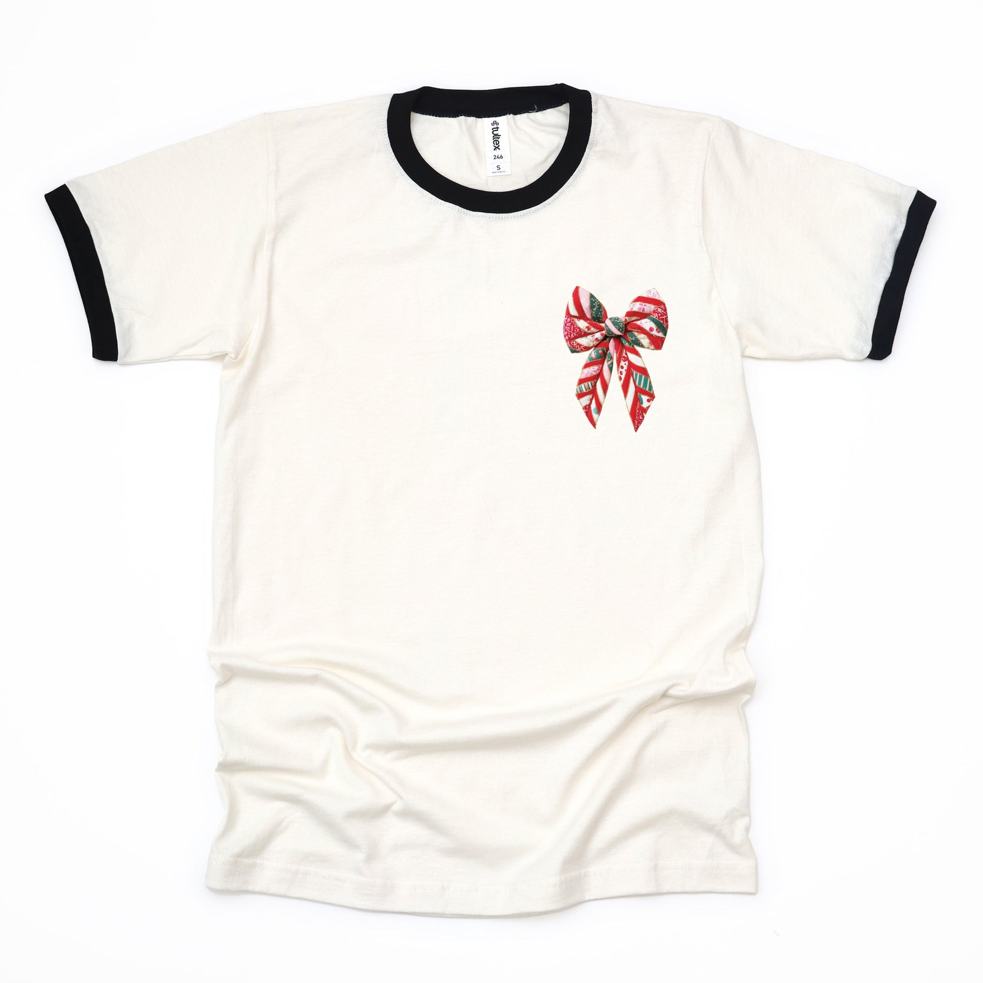 Christmas Bow Quilted Print - Women's Ringer Graphic T-Shirt