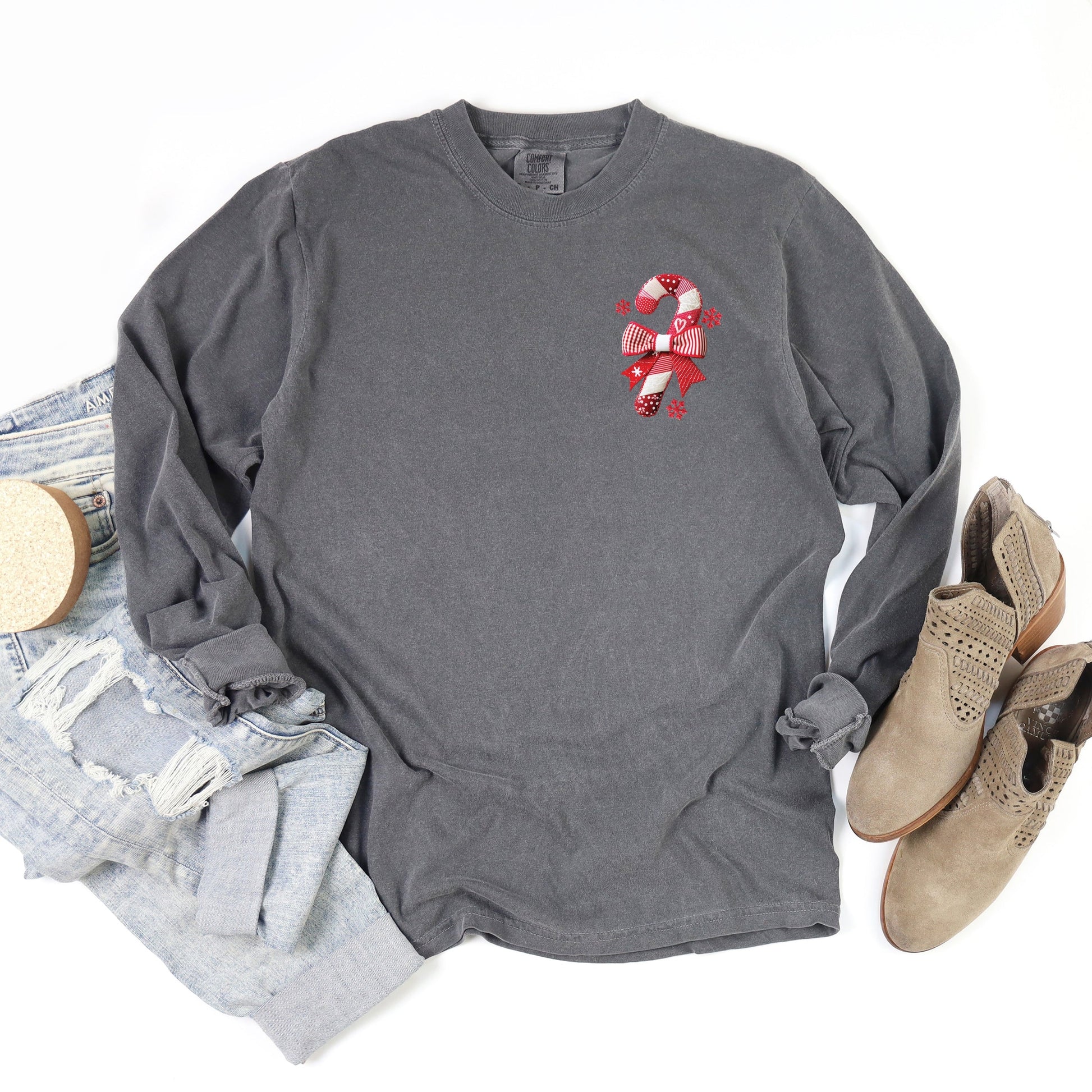 Candy Cane Bow Patchwork Print - Women's Garment Dyed Long Sleeve Graphic T-Shirt