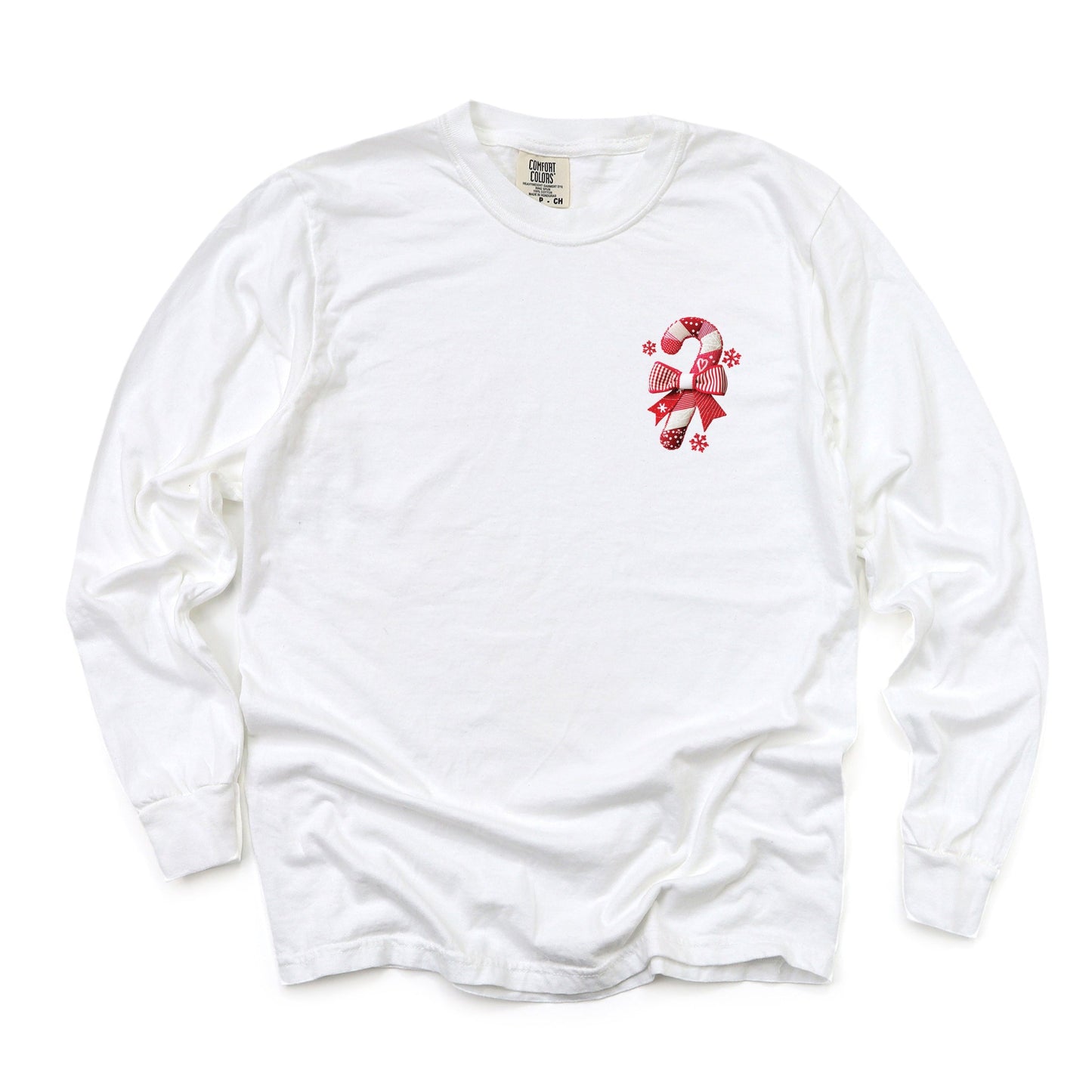Candy Cane Bow Patchwork Print - Women's Garment Dyed Long Sleeve Graphic T-Shirt