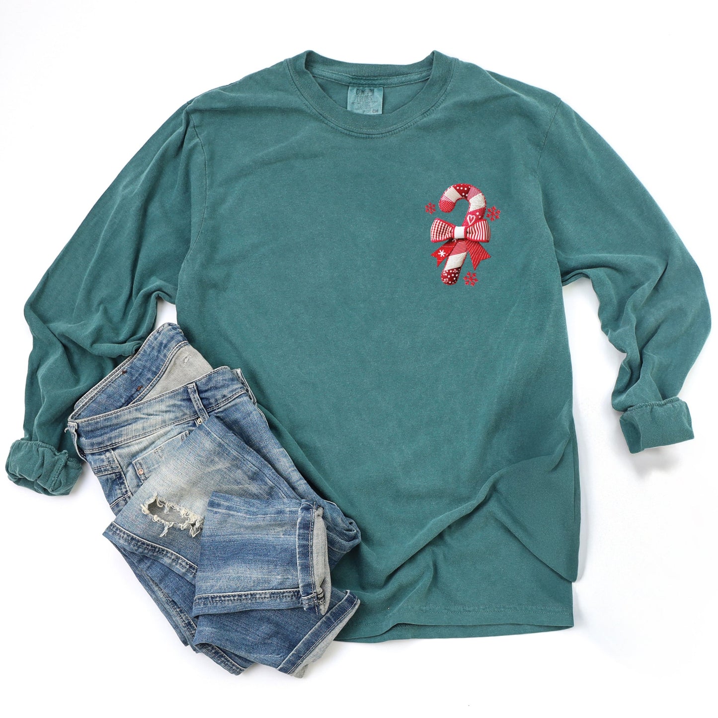 Candy Cane Bow Patchwork Print - Women's Garment Dyed Long Sleeve Graphic T-Shirt