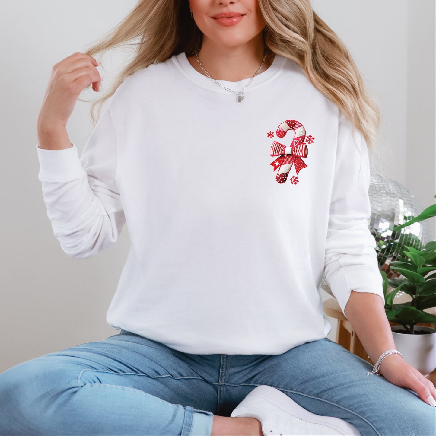 Candy Cane Bow Patchwork Print - Women's Garment Dyed Long Sleeve Graphic T-Shirt