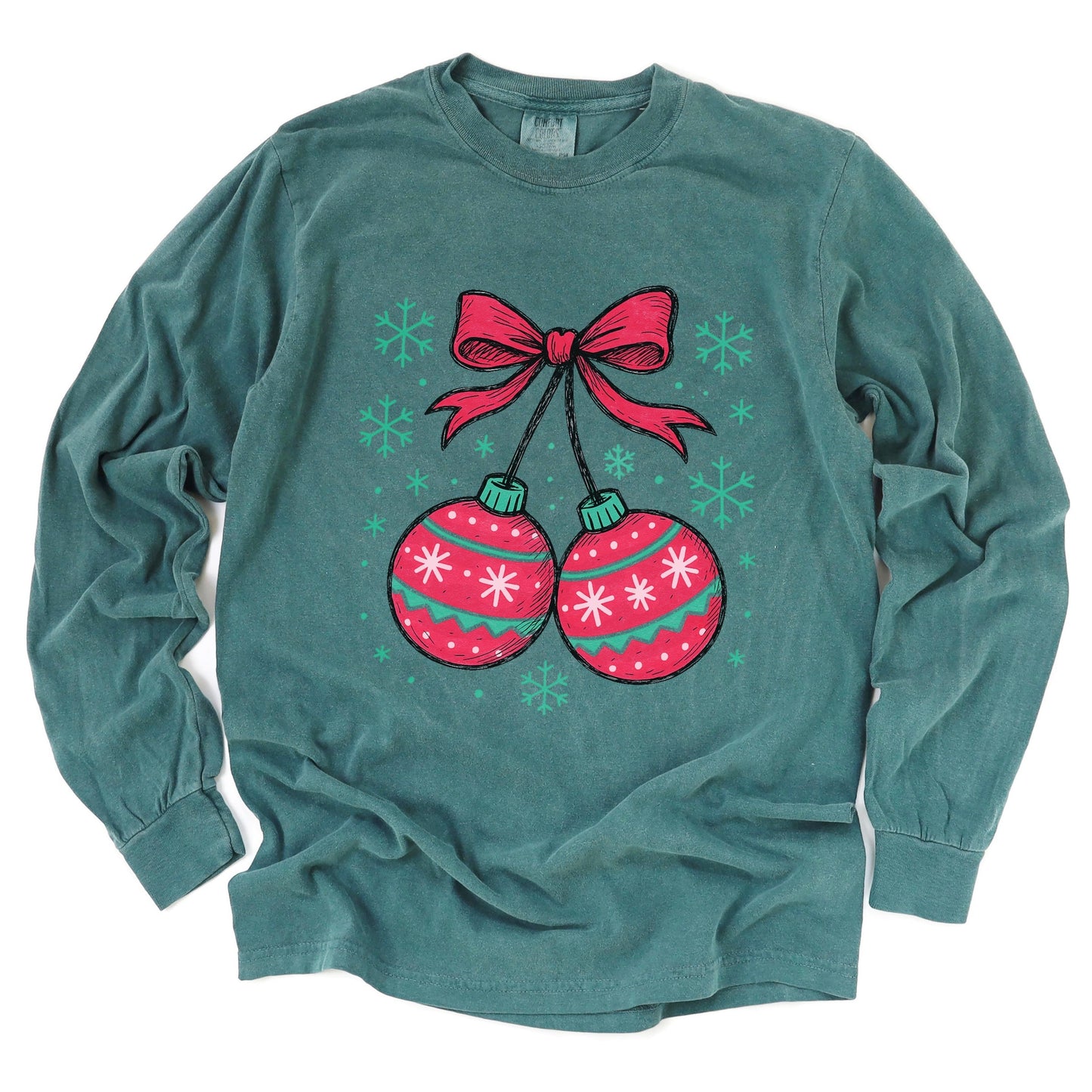 Christmas Ornaments Sketched Snowflakes - Women's Garment Dyed Long Sleeve Graphic T-Shirt