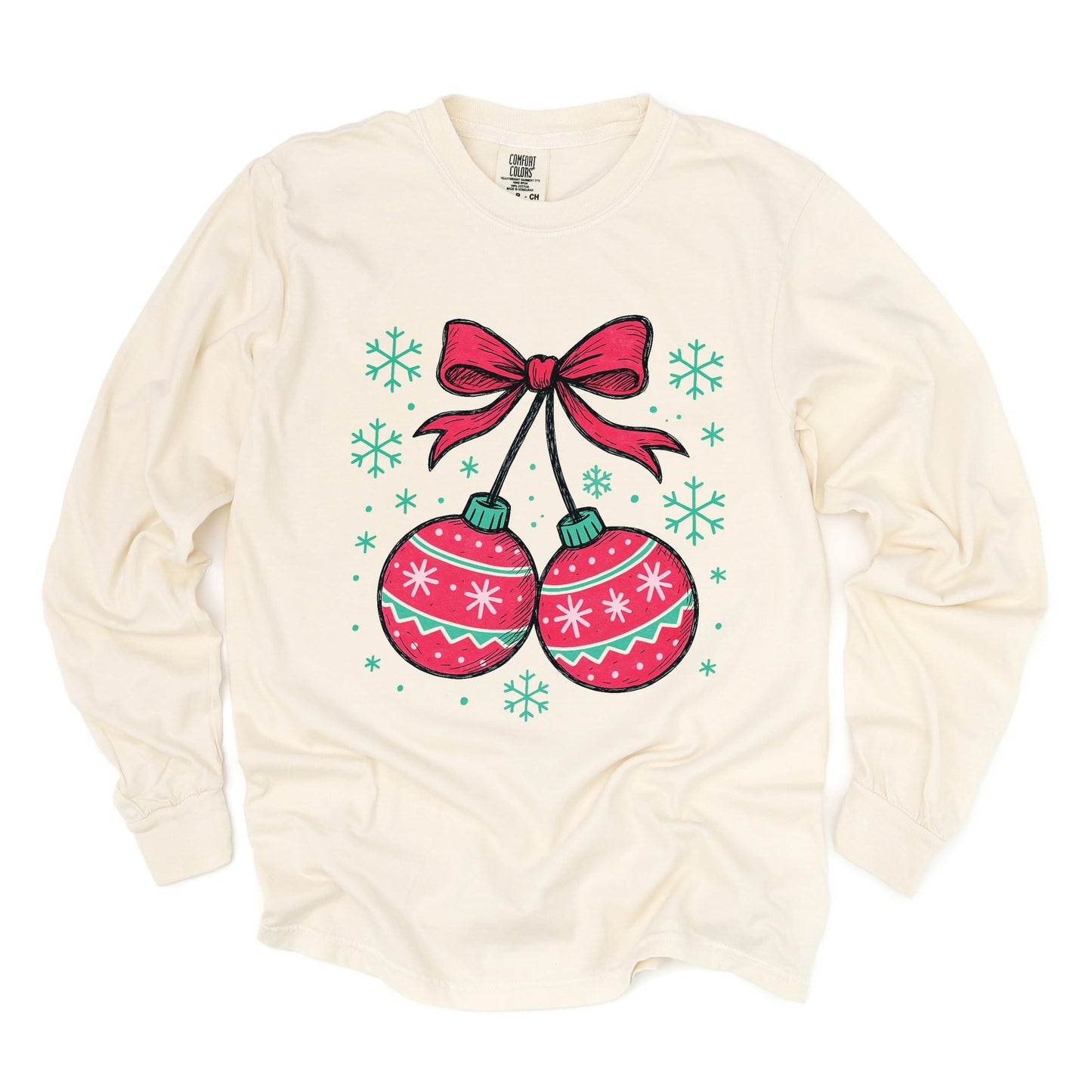 Christmas Ornaments Sketched Snowflakes - Women's Garment Dyed Long Sleeve Graphic T-Shirt