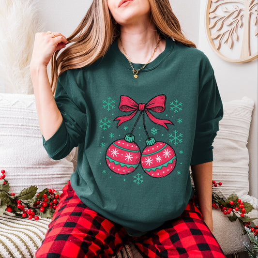 Christmas Ornaments Sketched Snowflakes - Women's Garment Dyed Long Sleeve Graphic T-Shirt