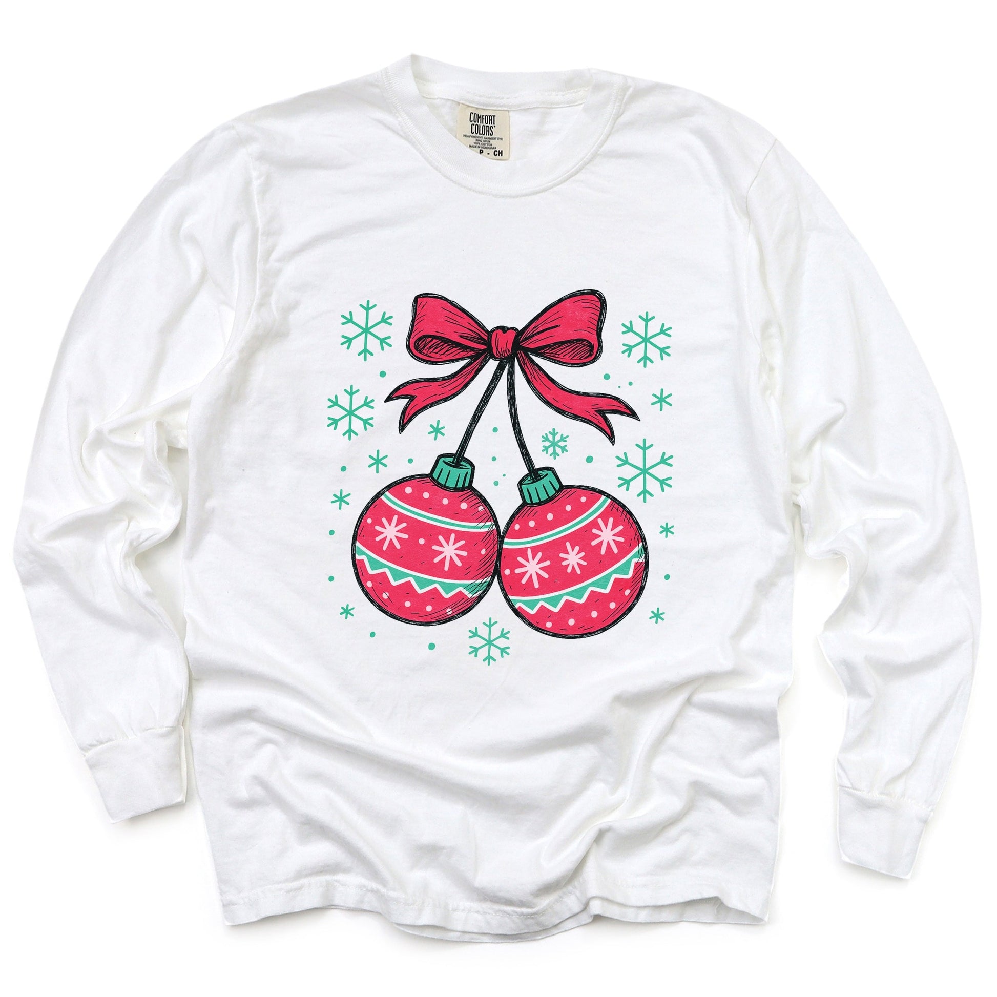 Christmas Ornaments Sketched Snowflakes - Women's Garment Dyed Long Sleeve Graphic T-Shirt