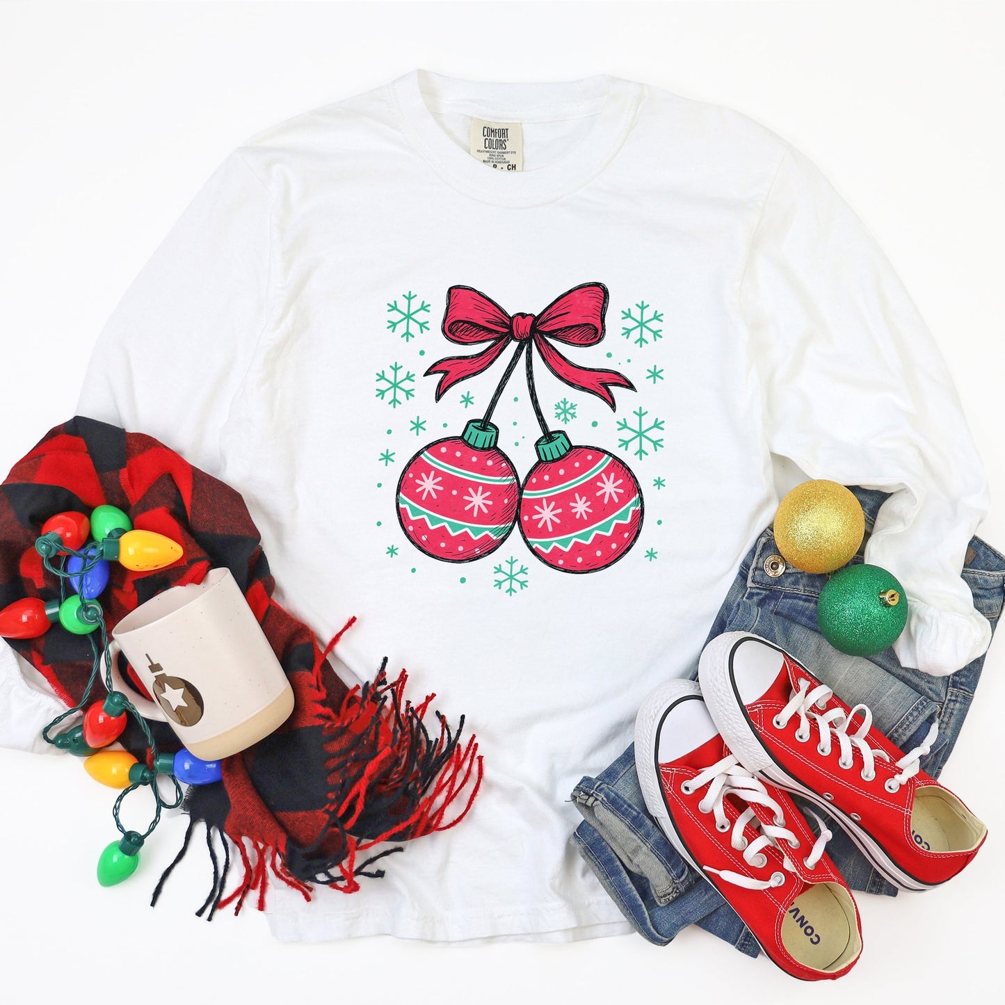 Christmas Ornaments Sketched Snowflakes - Women's Garment Dyed Long Sleeve Graphic T-Shirt