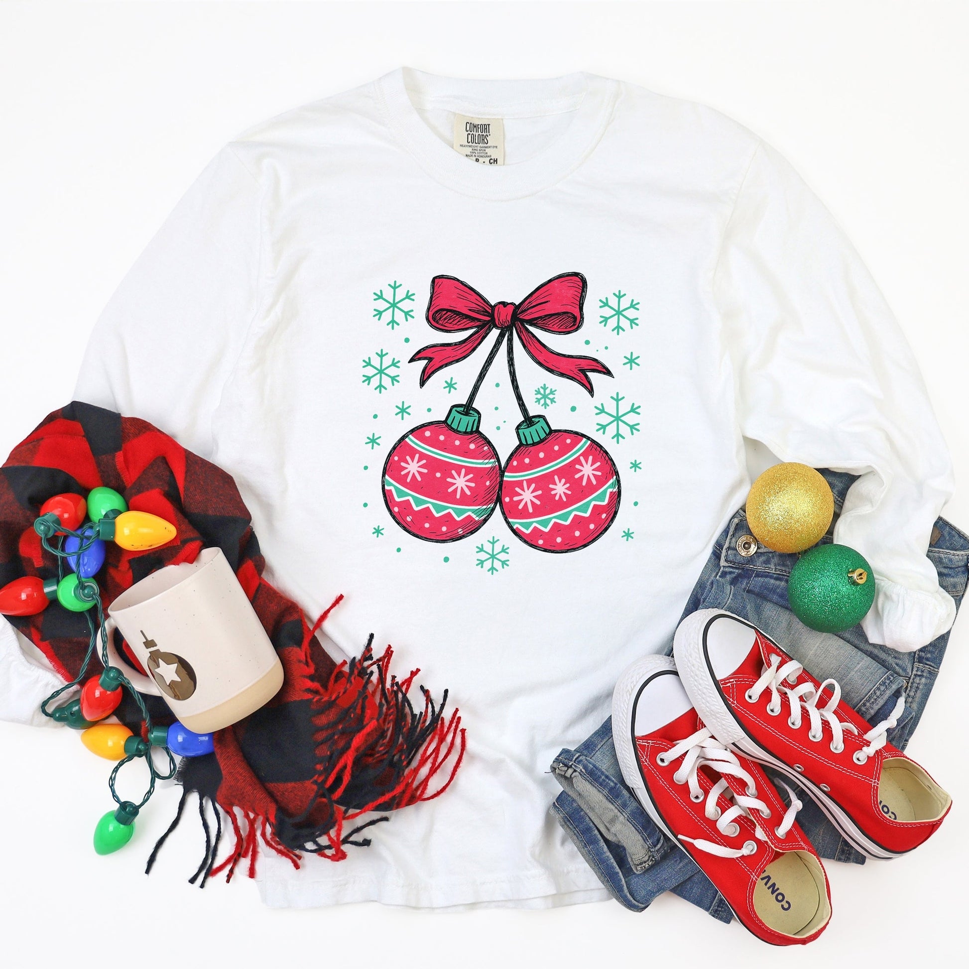 Christmas Ornaments Sketched Snowflakes - Women's Garment Dyed Long Sleeve Graphic T-Shirt