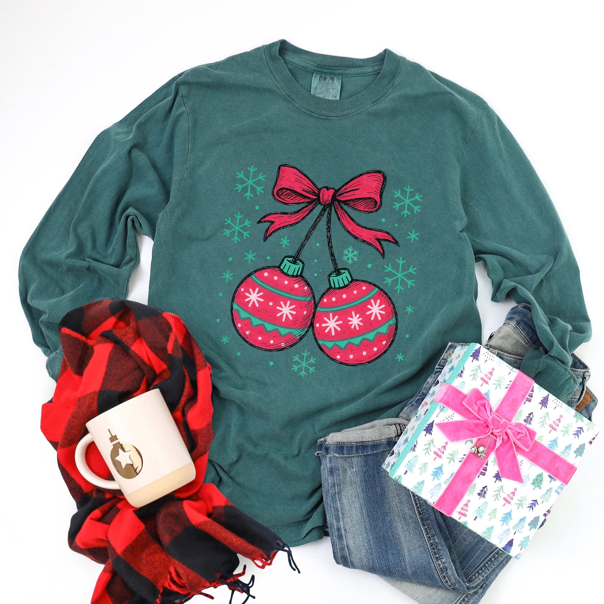 Christmas Ornaments Sketched Snowflakes - Women's Garment Dyed Long Sleeve Graphic T-Shirt