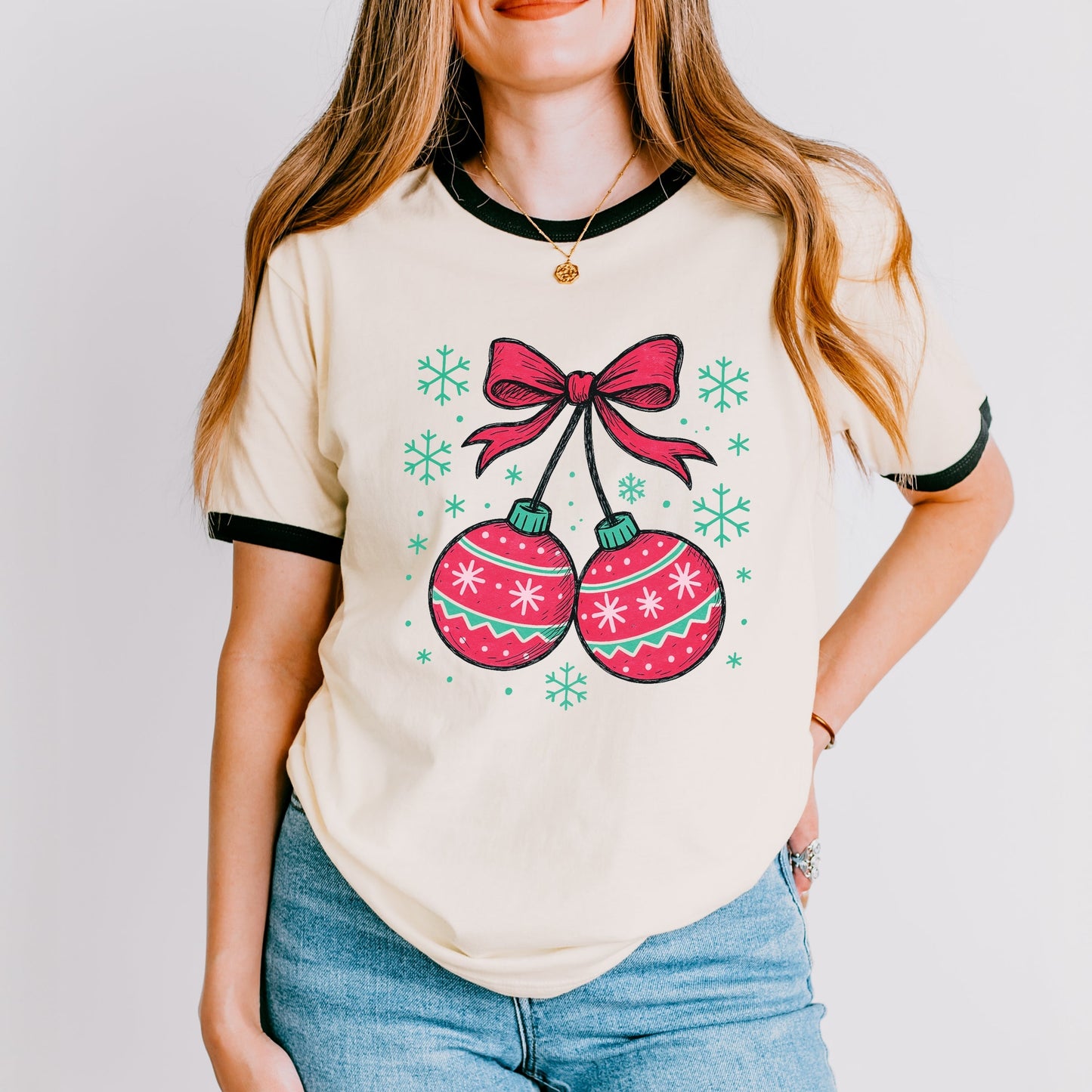 Christmas Ornaments Sketched Snowflakes - Women's Ringer Graphic T-Shirt