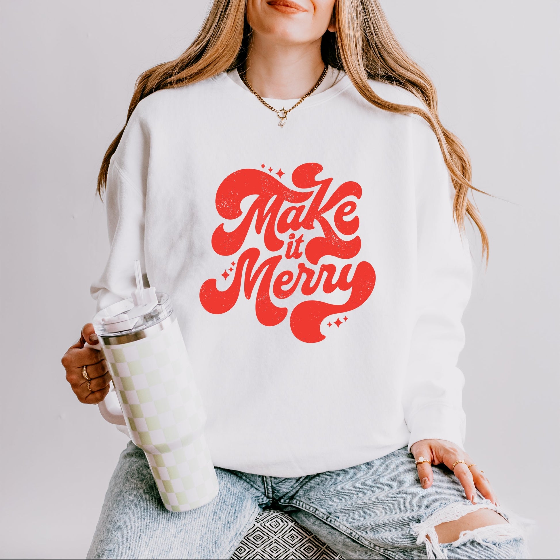 Make It Merry Cursive Distressed - Women's Lightweight Garment Dyed Sweatshirt