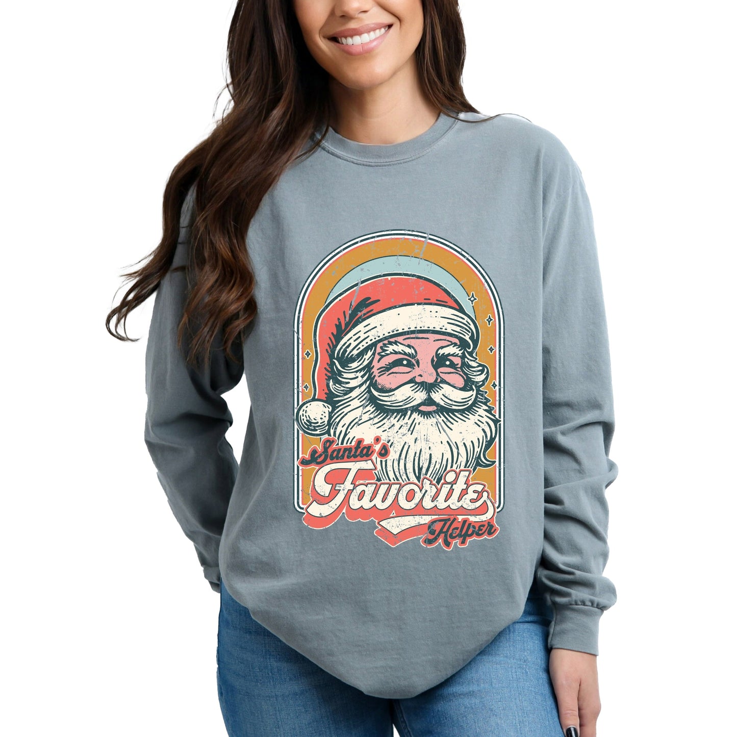 Santa's Favorite Helper Retro - Women's Garment Dyed Long Sleeve Graphic T-Shirt