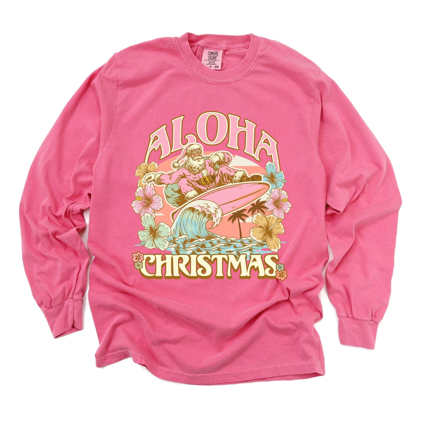 Aloha Christmas Surfing Santa - Women's Garment Dyed Long Sleeve Graphic T-Shirt