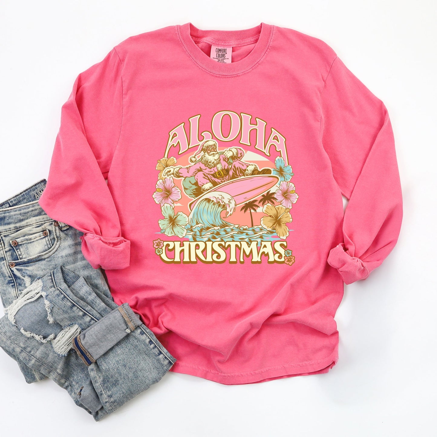 Aloha Christmas Surfing Santa - Women's Garment Dyed Long Sleeve Graphic T-Shirt