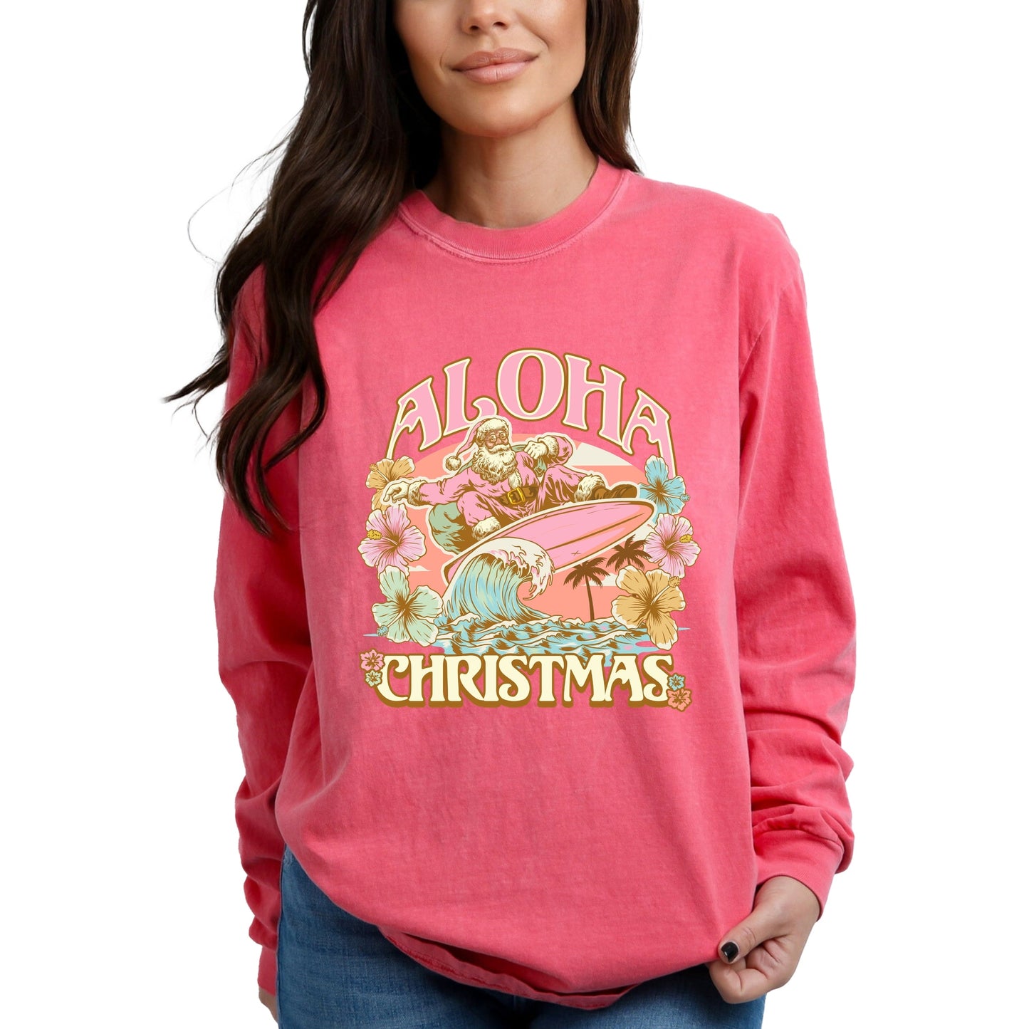 Aloha Christmas Surfing Santa - Women's Garment Dyed Long Sleeve Graphic T-Shirt