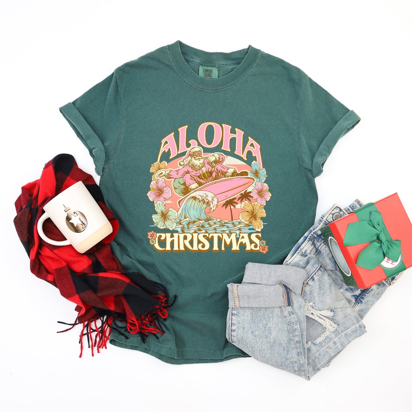 Aloha Christmas Surfing Santa - Women's Garment Dyed Graphic T-Shirt