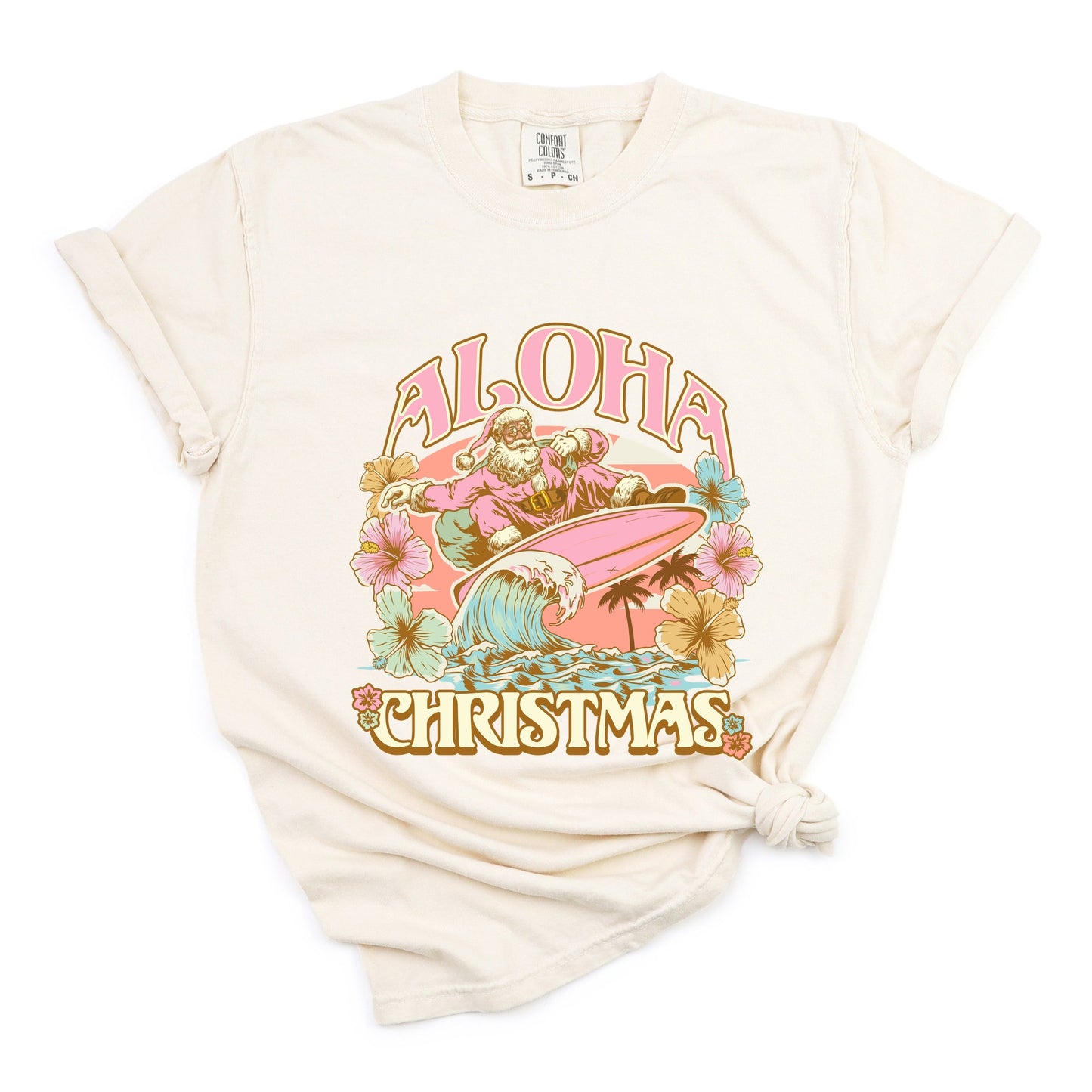 Aloha Christmas Surfing Santa - Women's Garment Dyed Graphic T-Shirt